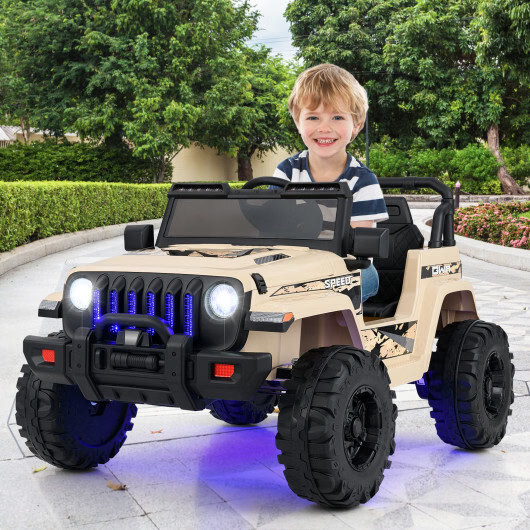 12V Kids Ride-On Jeep Car w/ 2.4G Remote Control & LED Lights – Khaki