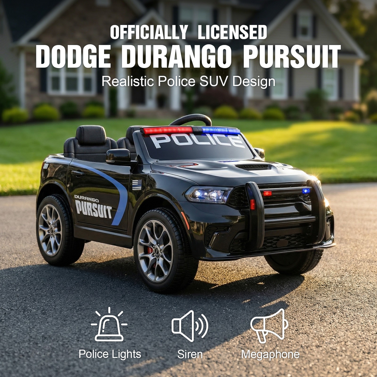 12V Battery Kids Ride On Police Car Dodge Durango SUV Music,LED,Bluetooth,Remote