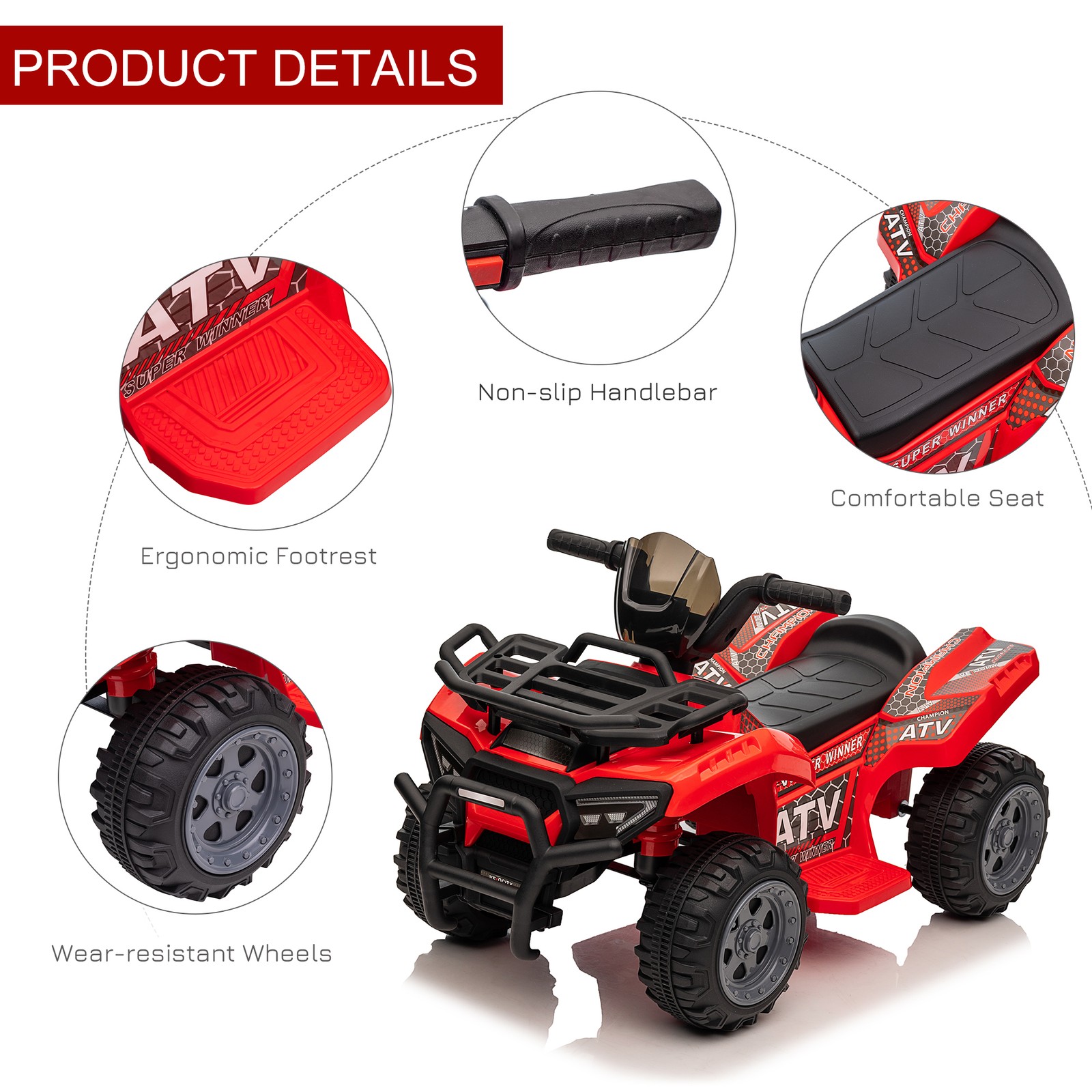 Kids Ride-on Electric Four Wheeler ATV, Quad with Music, Red