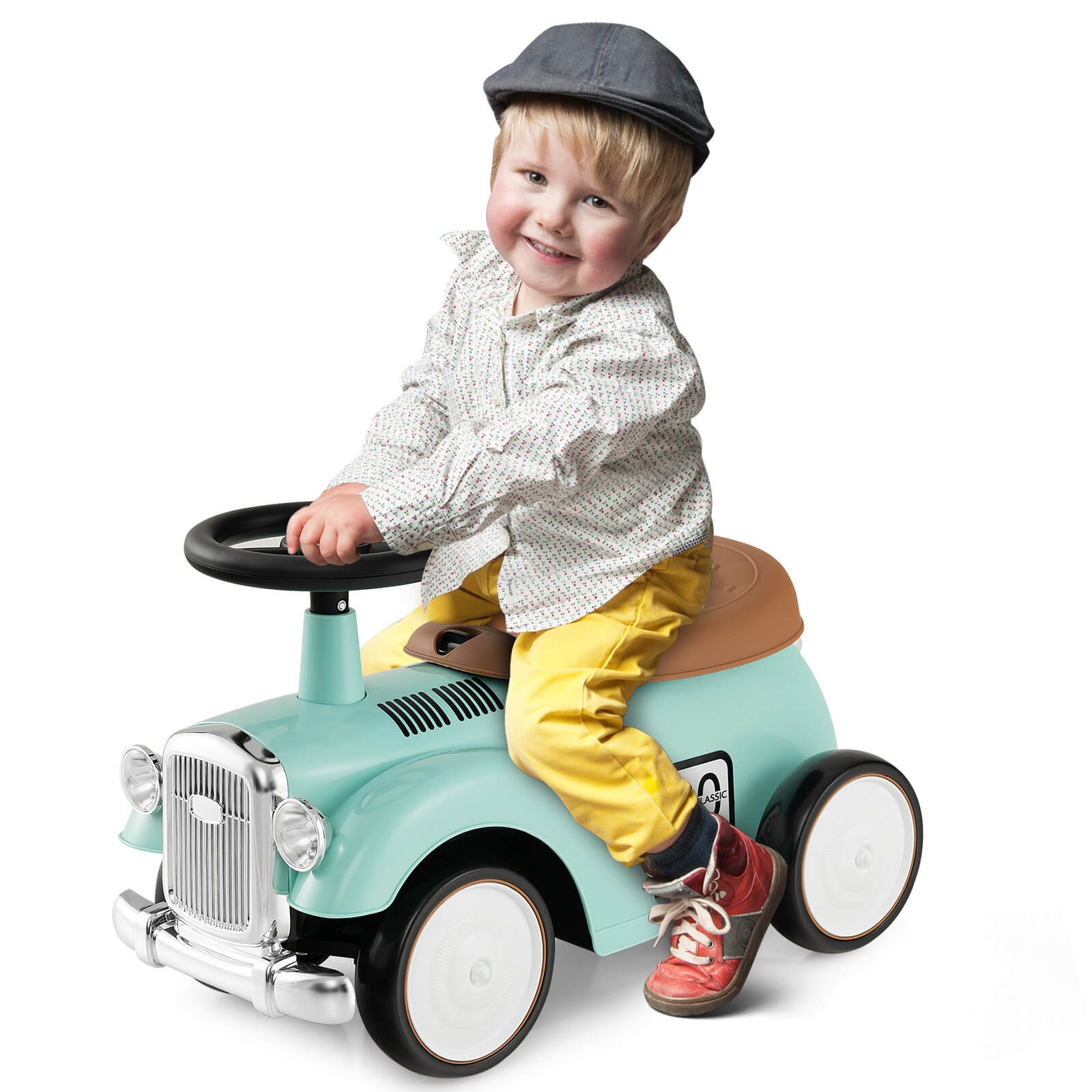Retro Kids Ride-on Toy w/ Working Steering Wheel, Storage Space, DIY Stickers