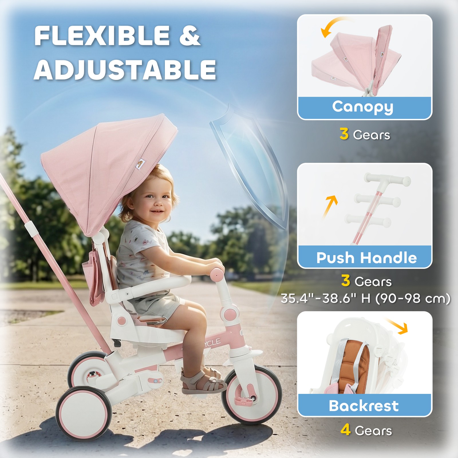7 in 1 Tricycle Stroller, Kids Tricycle with Adjustable Push Handle, Pink