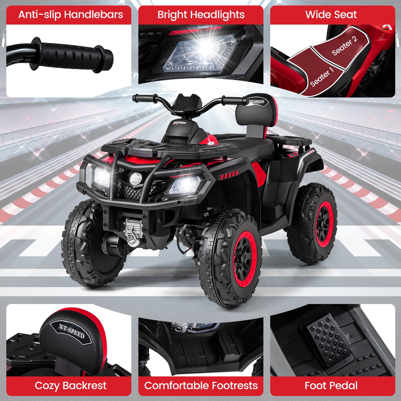 24V 2-Seater 4-Wheeler Quad Electric Vehicle w/ 4 Motors, Soft Start LED Lights