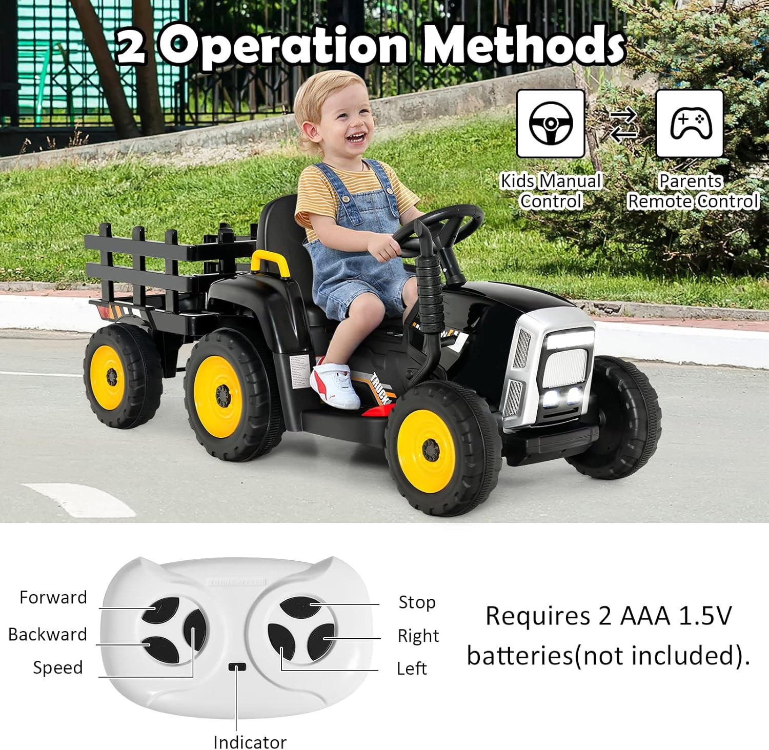Ride on Tractor with Trailer, 12V Electric Vehicle for Kids, 3-Gear-Shift Ground