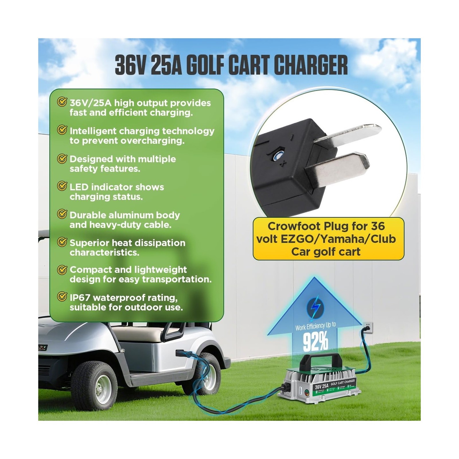 25 AMP 36 Volt Golf Cart Battery Charger, for EZGO/Yamaha/Club Car 36v Golf C…