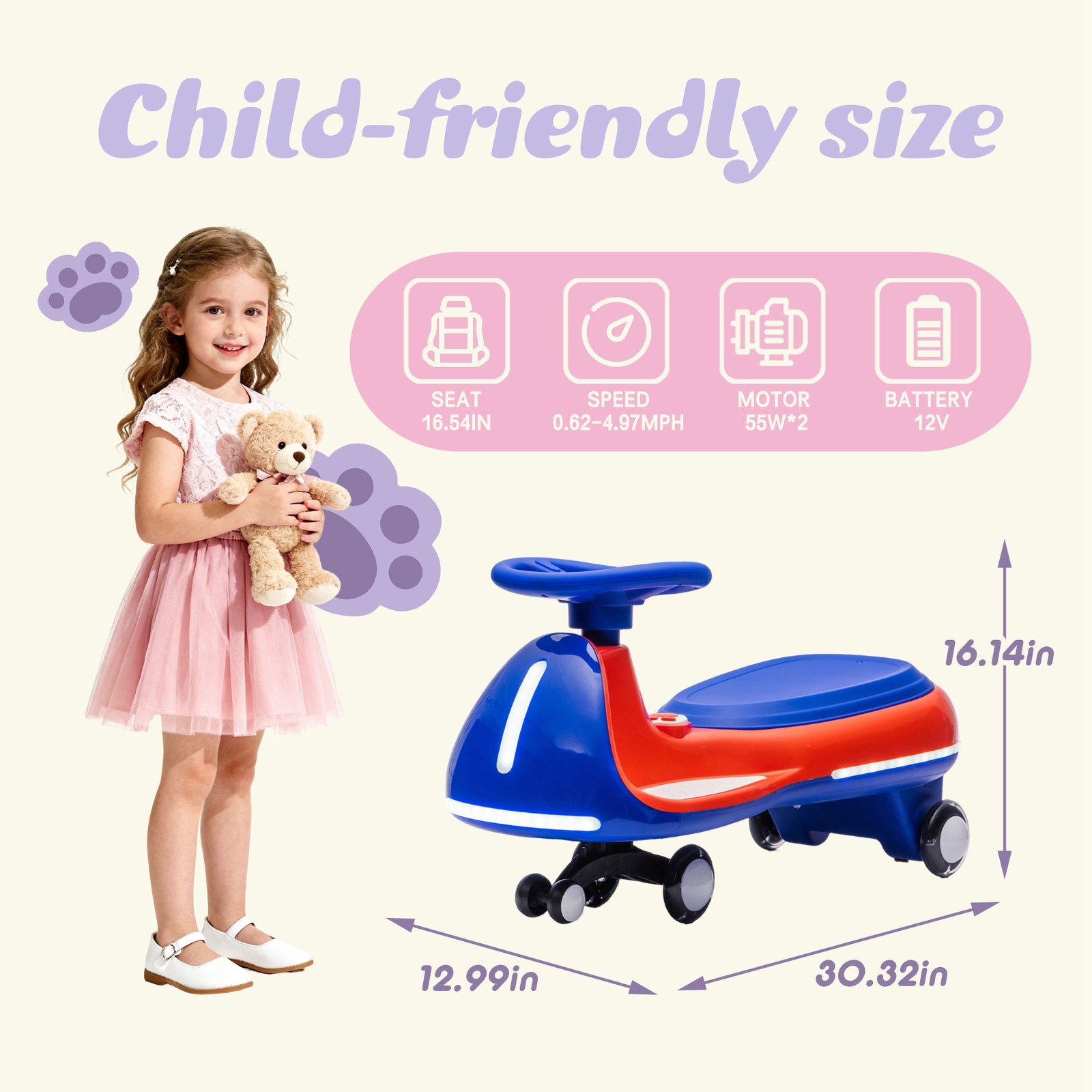 12V Kids Electric Wiggle Car with Pedal 2-in-1 Twist Car with Wireless Music