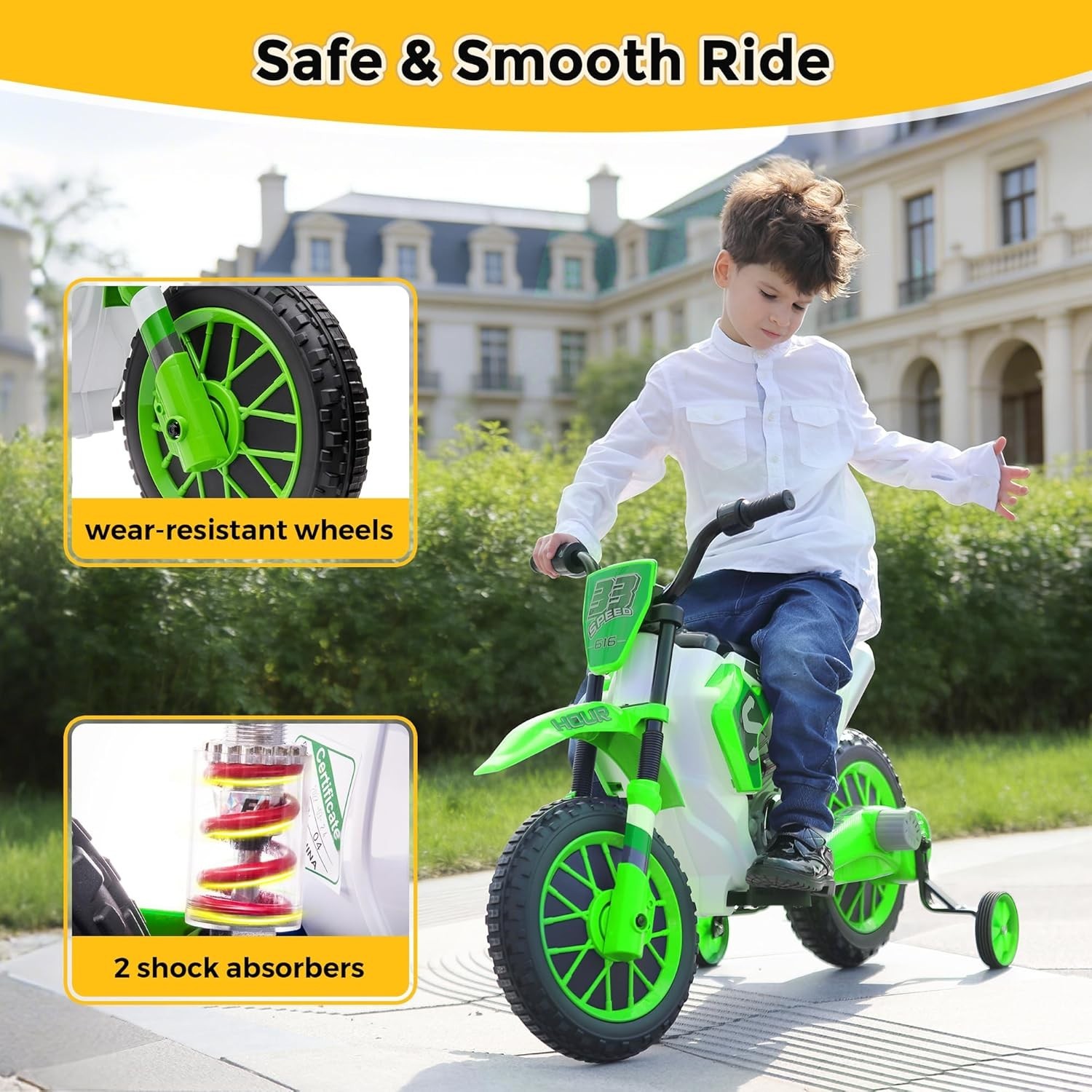 TOBBI 12V Electric Motorcycle for Kids, Motorized Vehicles w/ Training Wheels