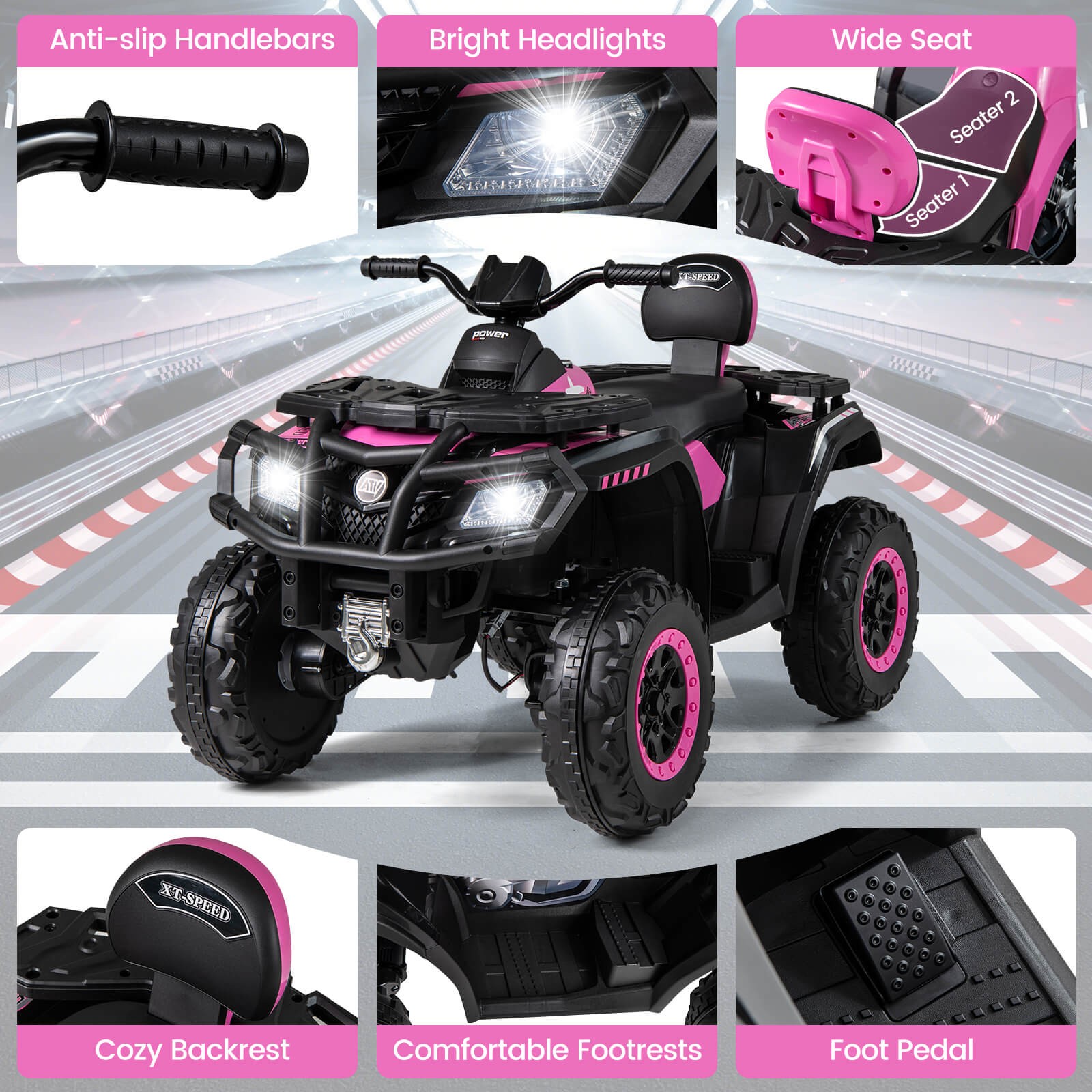24V 2-Seater 4-Wheeler Quad Electric Vehicle w/ 4 Motors, Soft Start LED Lights
