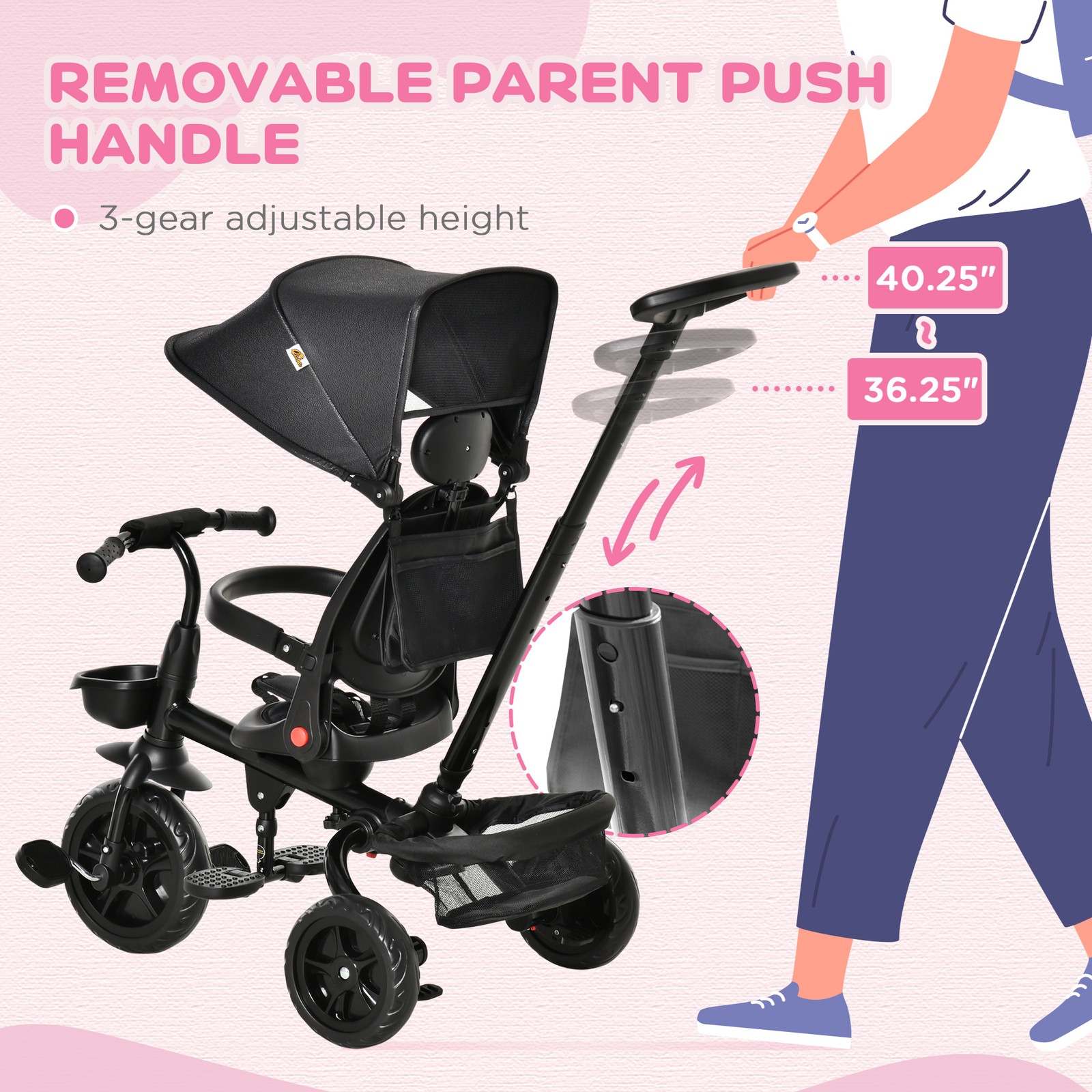 4 in 1 Adjustable Baby Tricycle w/ Removable Handle, Brake, Cover