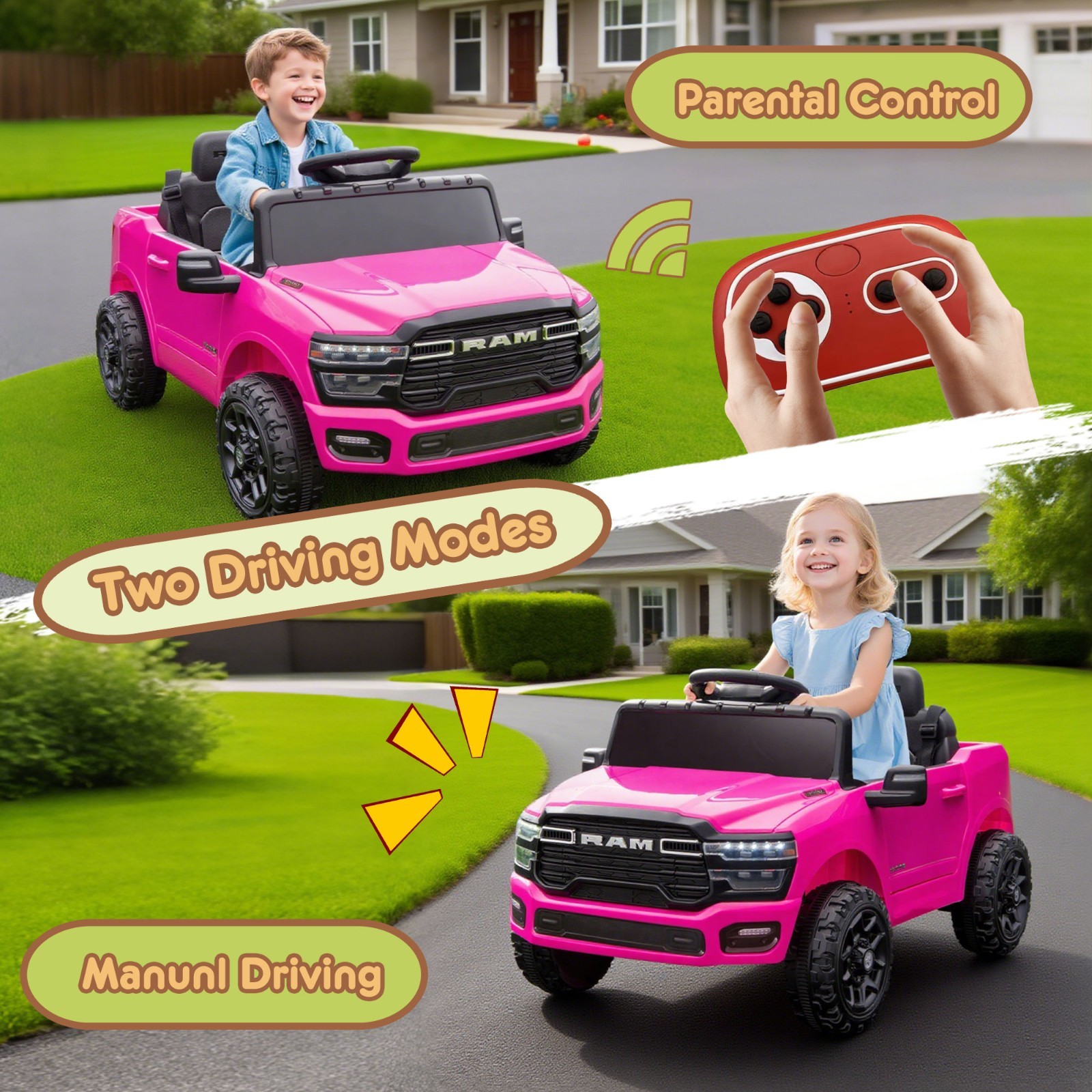 12V Kids Ride on Car Electric Toy,Toddler Licensed RAM 3500 Truck w/Remote, Pink