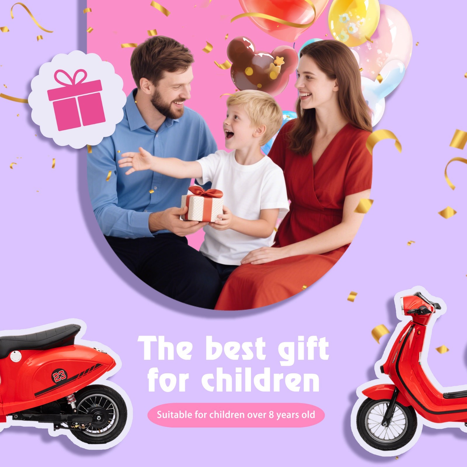 Kids 24V Retro Euro-Style Battery-Powered Electric Scooter, Ages 8+, Slow Start