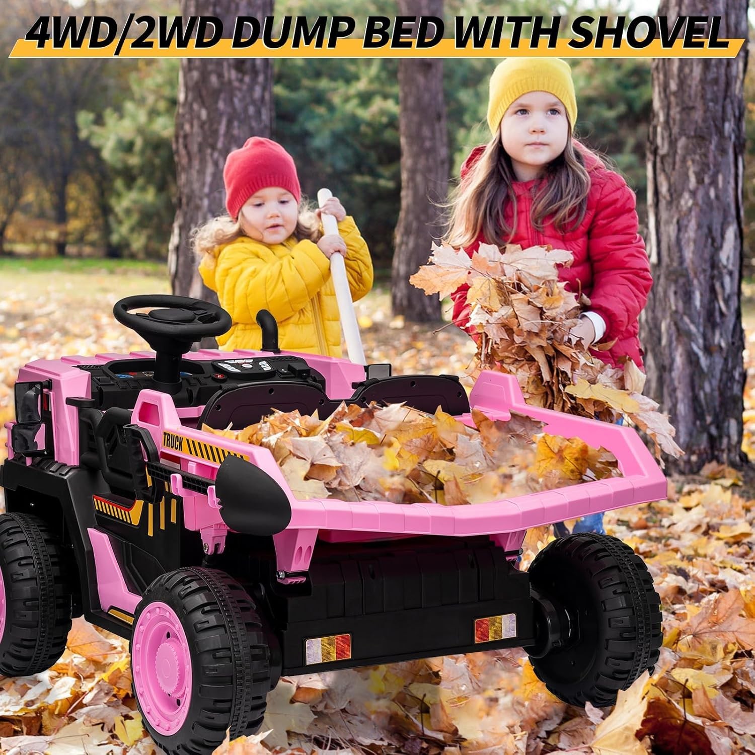 24V Kids Dump Truck, 4.4MPH 4WD + Remote Shock Absorption & LED Lights, 2 Seater