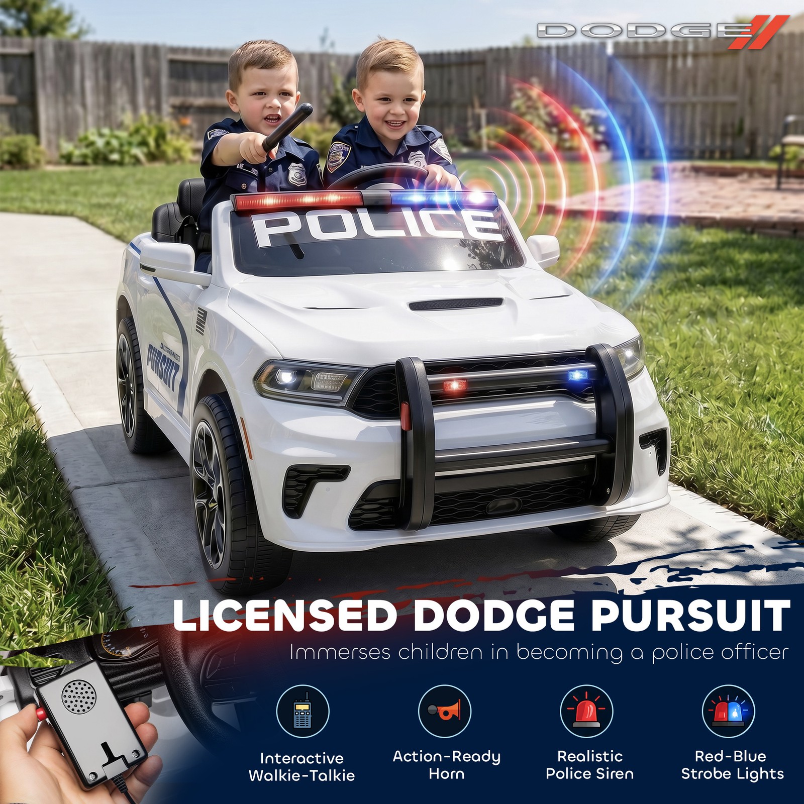 Qaba 12V Licensed Dodge Ride On Police Car with 2 Seater for Age 3-6, White