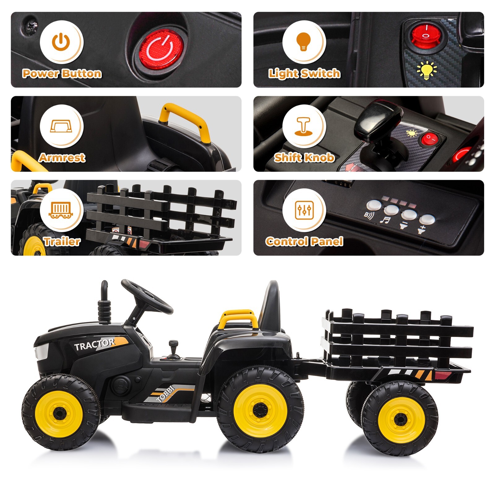 TOBBI 12V Battery-Powered Toy Tractor Ride On Toy with Trailer 35W Dual Motor