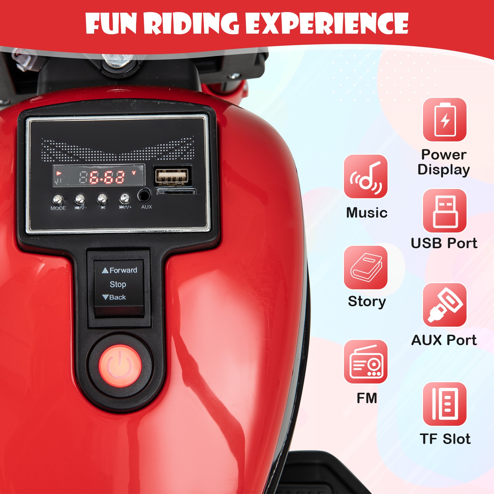 6V Kids Electric Motorcycle w/ Training Wheels LED Headlights Music Board Red