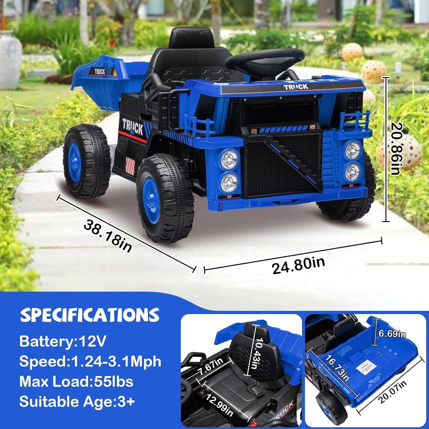 12V Ride On Dump Truck, Ride On Car Toy With Remote Control, Electric Dump Bed
