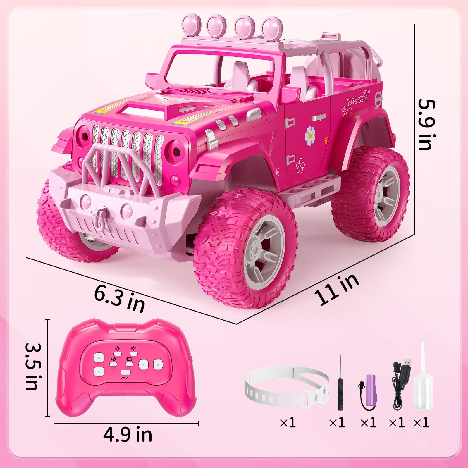 Pink Remote Control Car for Girls 4-7, 2.4GHz Off-Road RC Jeep with Spray, Cl…