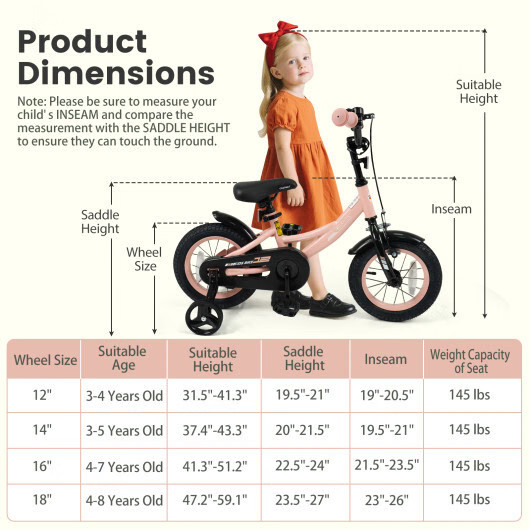 12 Inch Kids Bike Adjustable with Removable Training Wheels Pink for 3-8 Years O