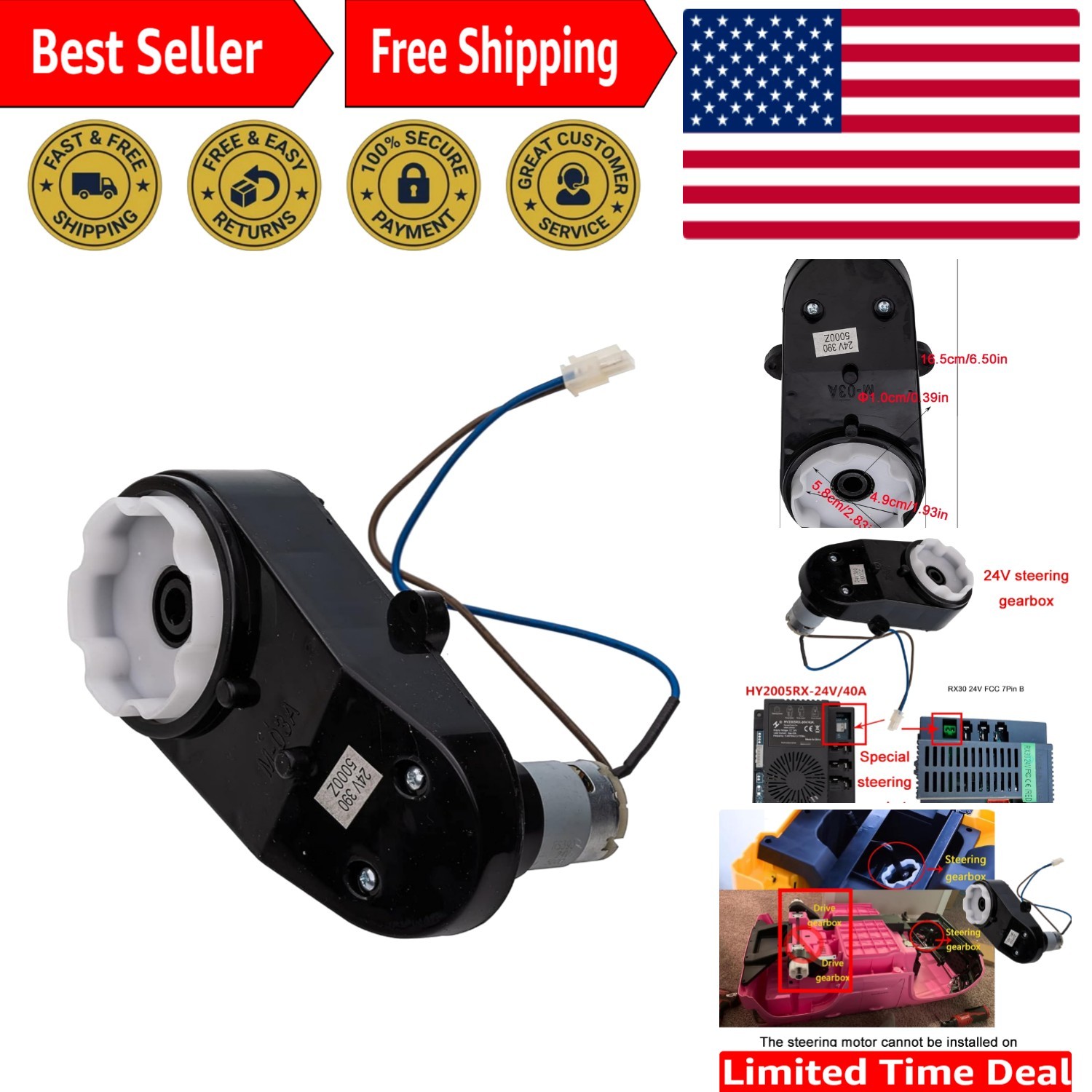 Compact RS390 24V Gearbox with 5000 RPM Motor for Effective Steering in Ride-Ons