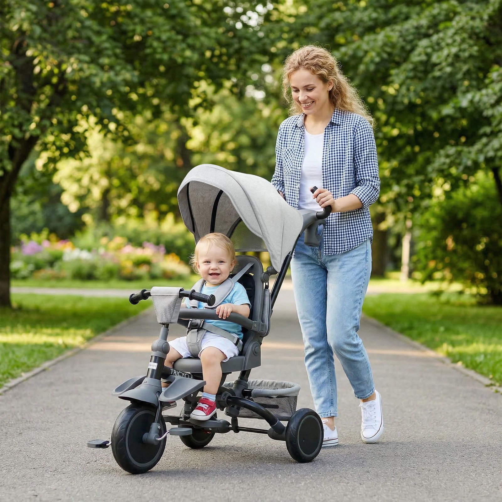 6 in 1 Kids Tricycle with Adjustable Push Handle for 1-5 Years, Gray
