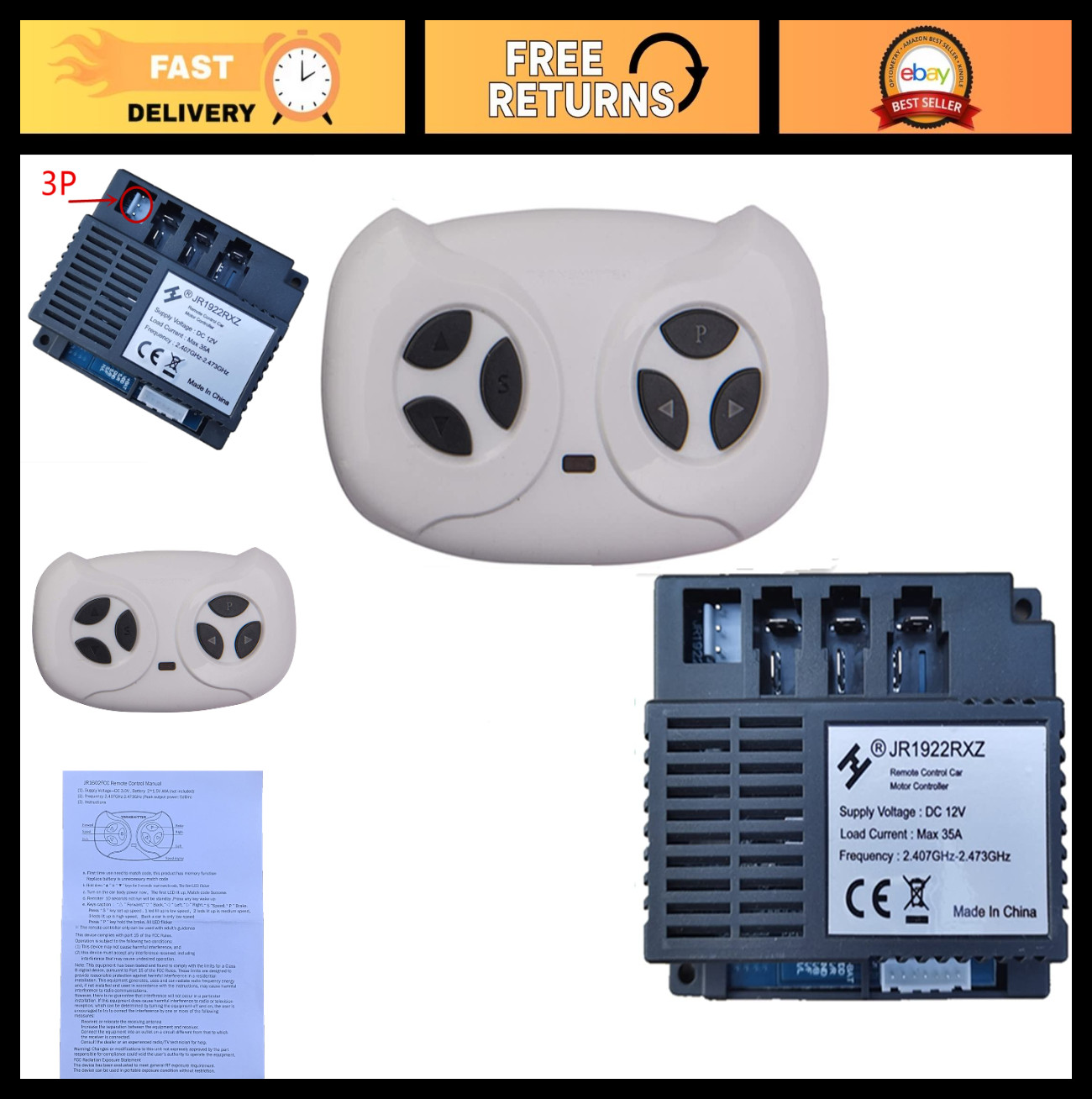 12V Kids Ride-On Car Remote Control Kit – 2.4G Bluetooth Receiver & Accessories