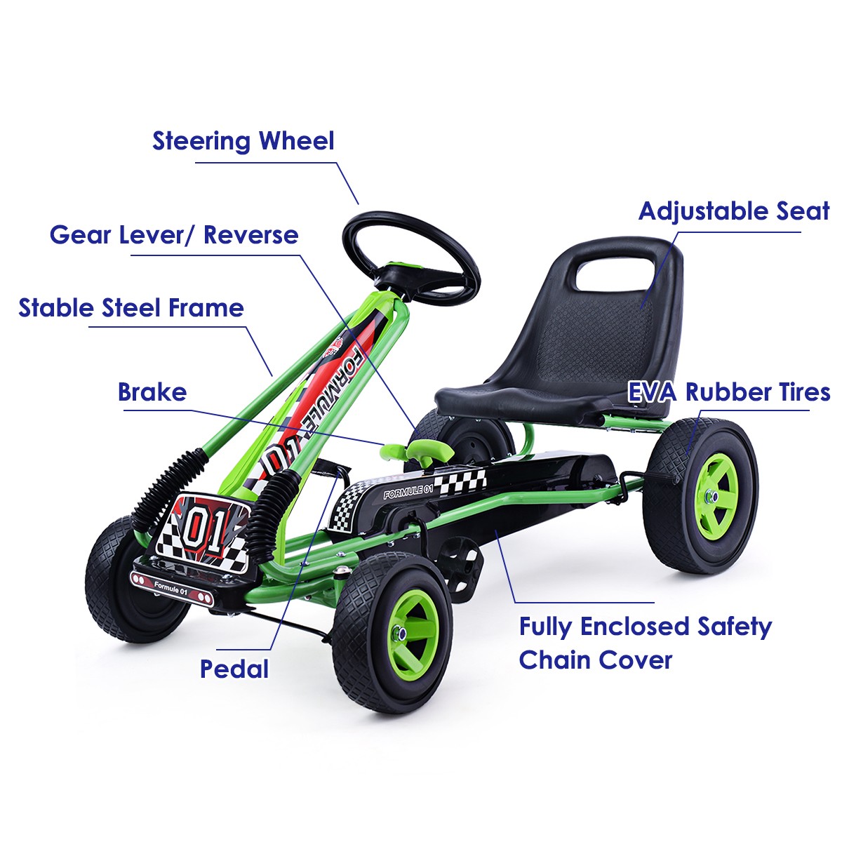 Honeyjoy Kids Ride On Toy Go Kart 4 Wheel Pedal Powered w/ Adjustable Seat Green