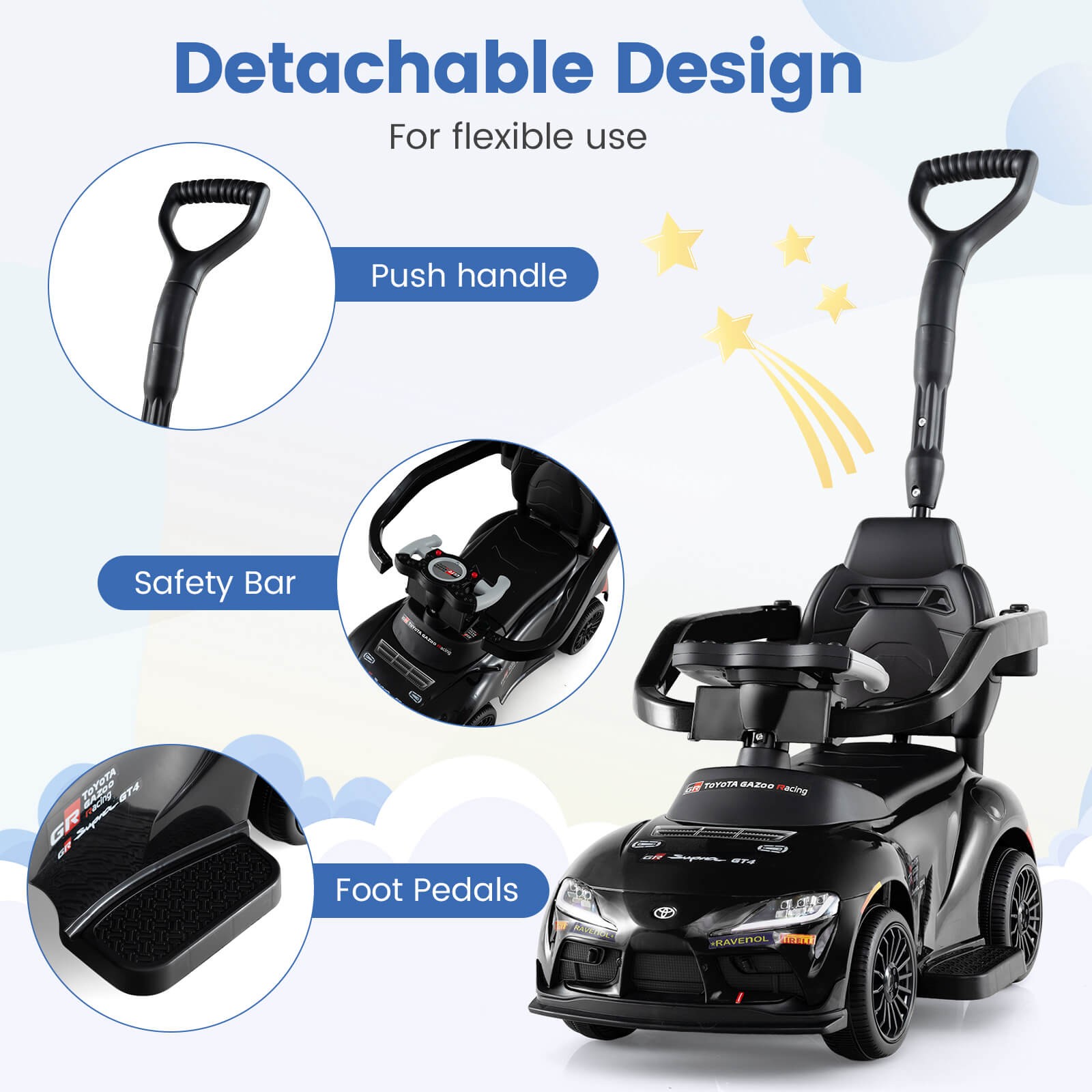 Toyota Licensed Ride on Push Car w/Parent-Control Handle Music Safety Guardrail
