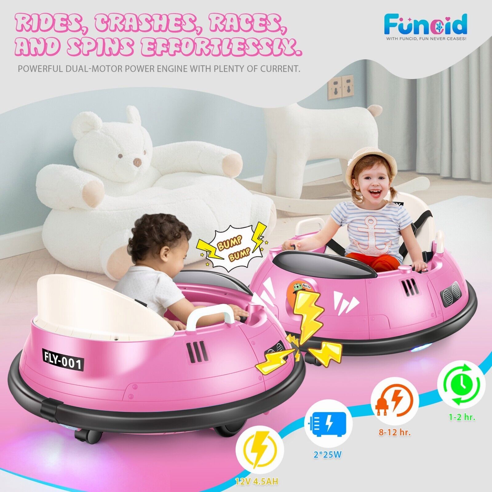12V Electric Ride On Bumper Car w/Remote Control,LED Lights for 1.5-5 Years Old