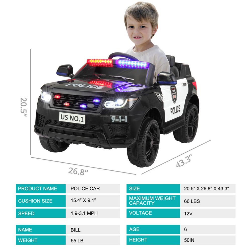 TOBBI 12V Kids Police Car Ride-On SUV with Parental Control Remote