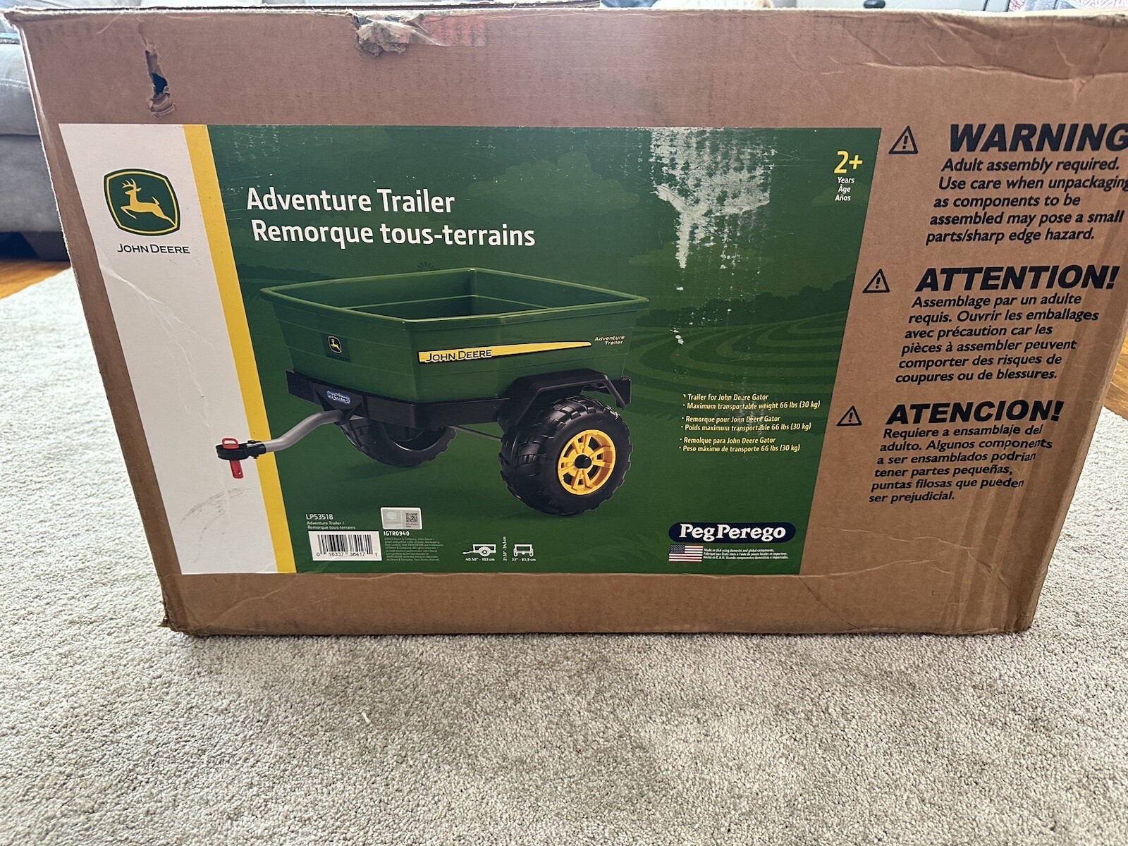 Peg Perego John Deere Adventure Trailer for Gator XUV Powered Ride-On. Open box