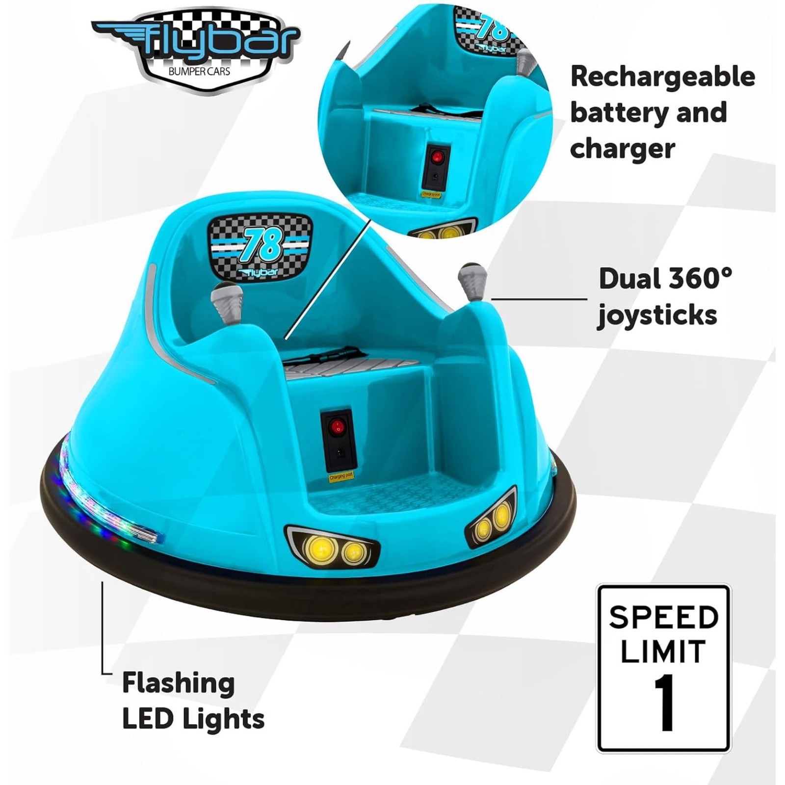 Flybar 6V Bumper Car Toddler Ride On Toy LED Lights 360 Spin 66lb FREESHIP