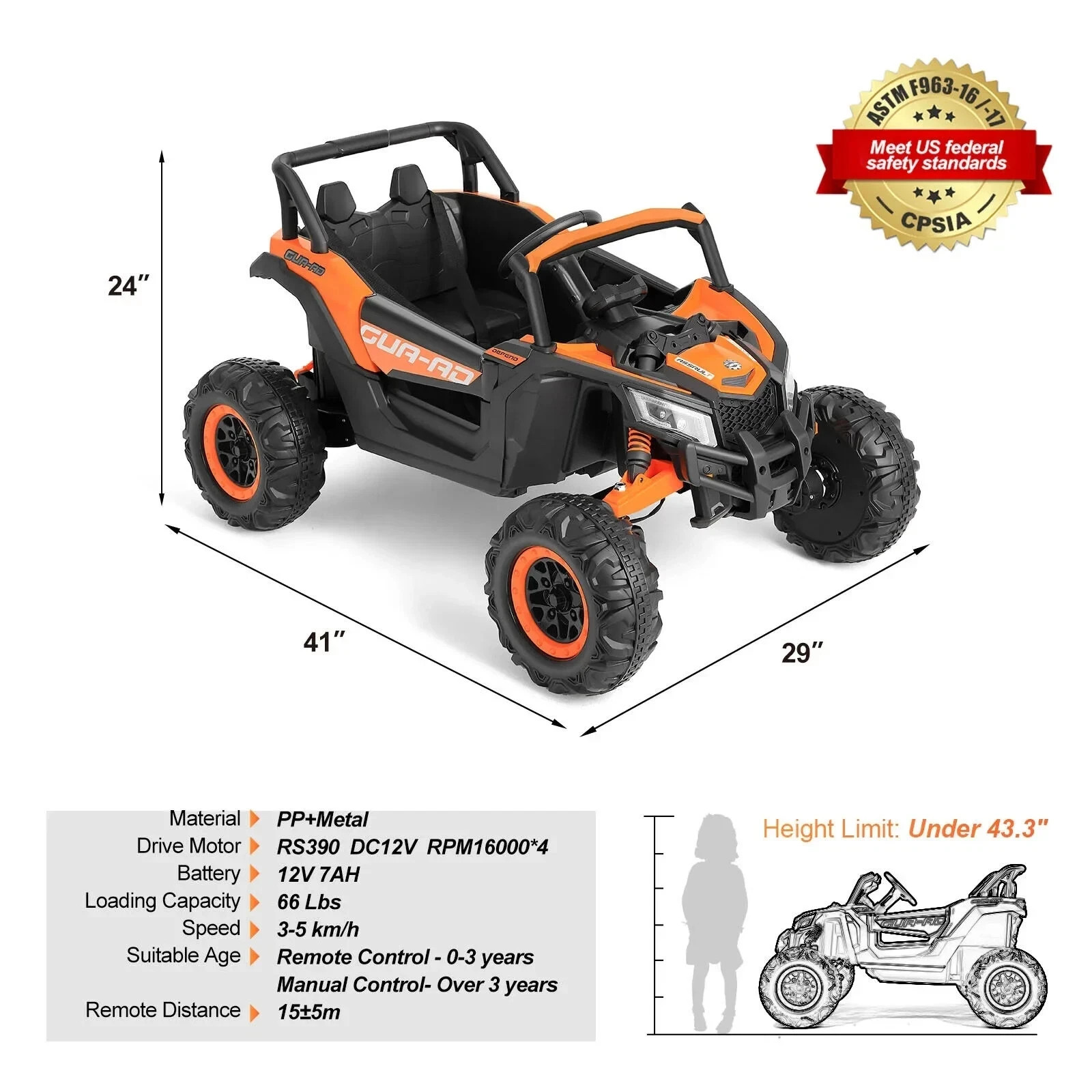 JOYLDIAS Orange 12V Ride on UTV Car Kids Electric Vehicle 3-Speeds,Music,Remote