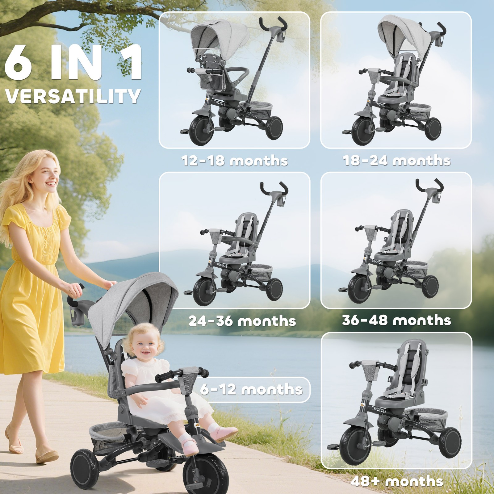 6 in 1 Kids Tricycle with Adjustable Push Handle for 1-5 Years, Gray
