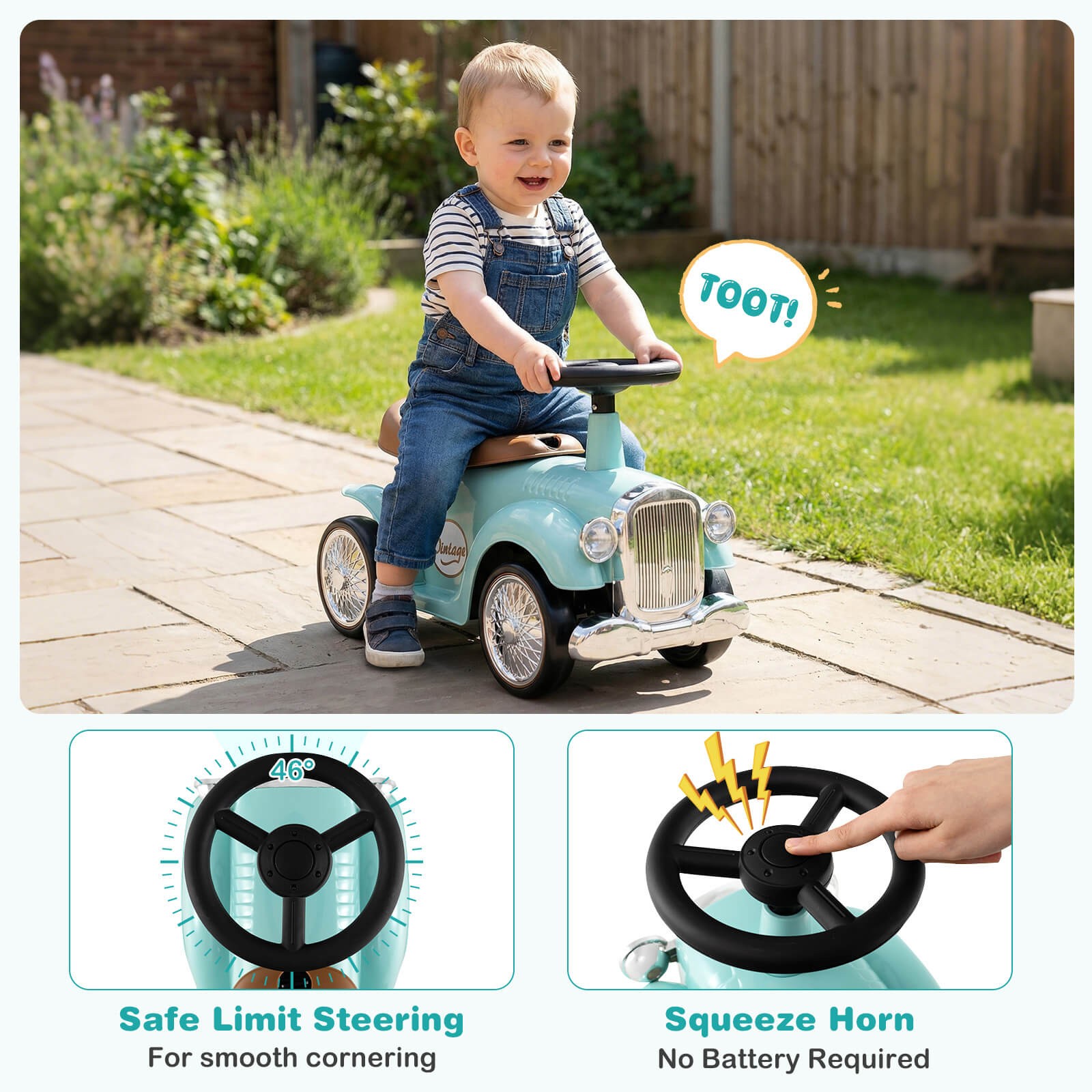 Retro Kids Ride-on Toy Kids Sit to Stand Vehicle with Working Steering Wheel
