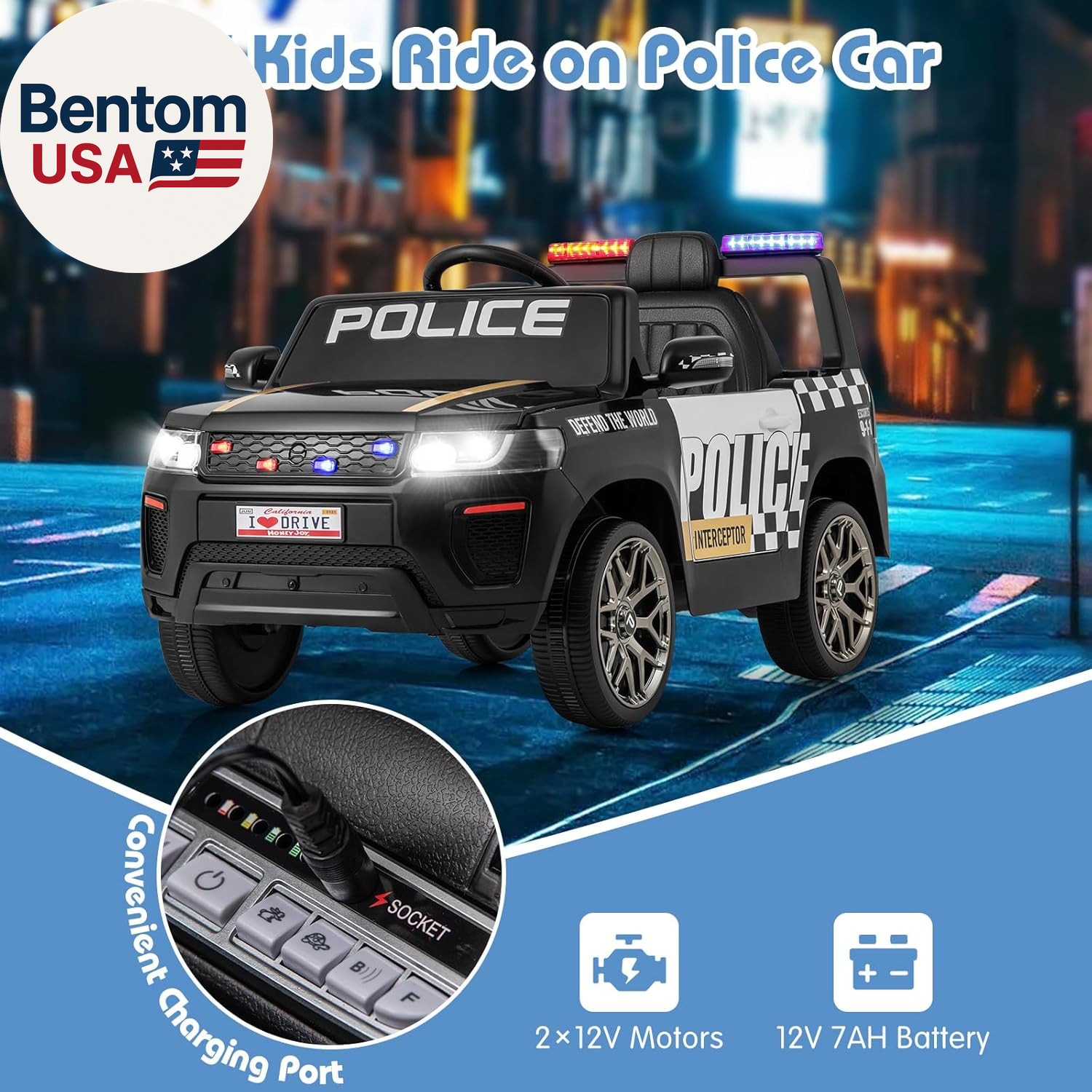 Police Car Ride On, 12V Battery Powered Toy Cop Cars W/Remote Control, LED Flash