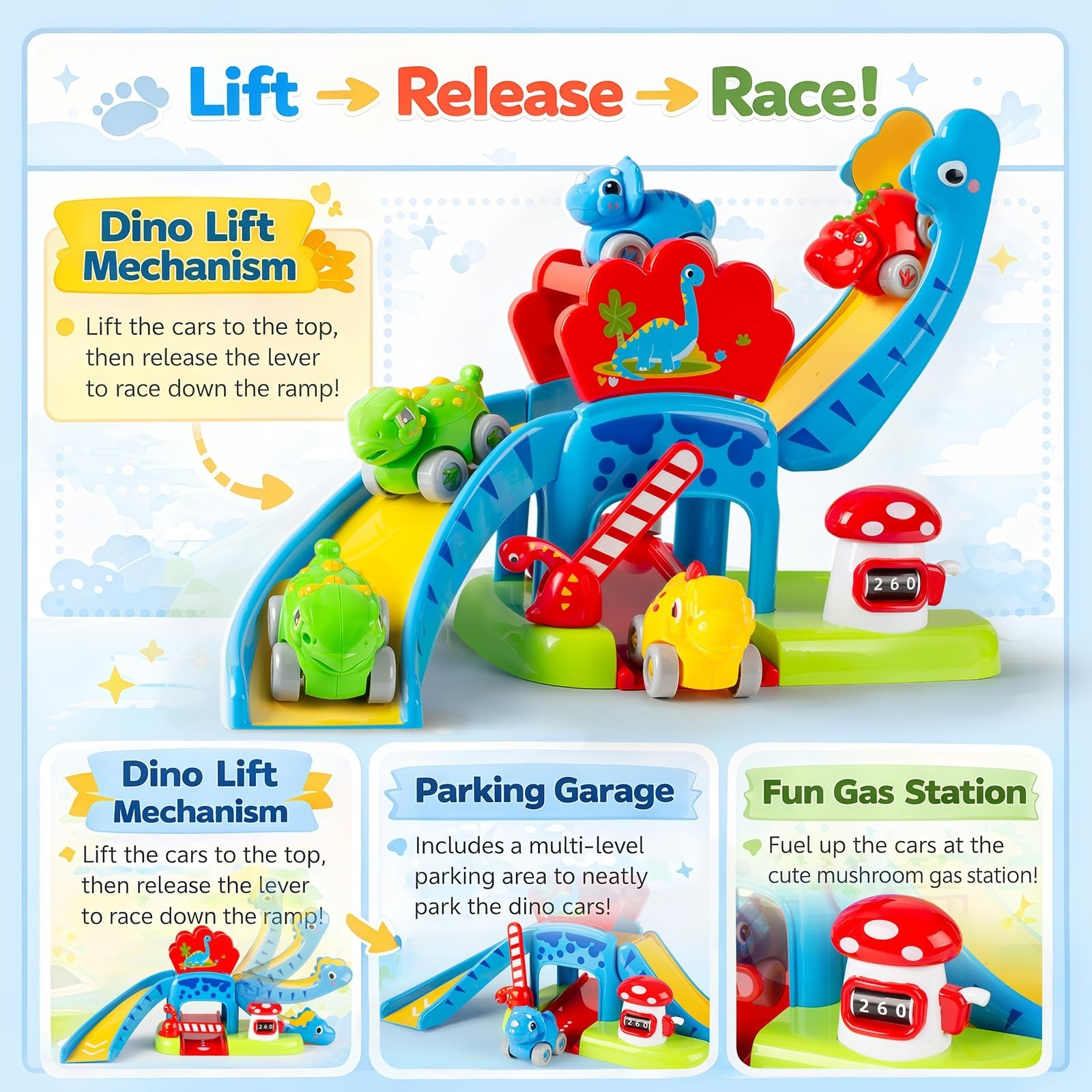 Dinosaur Car Ramp Toy for Toddlers 1-3, Drop & Go Racer with 4 Mini Cars, Educat