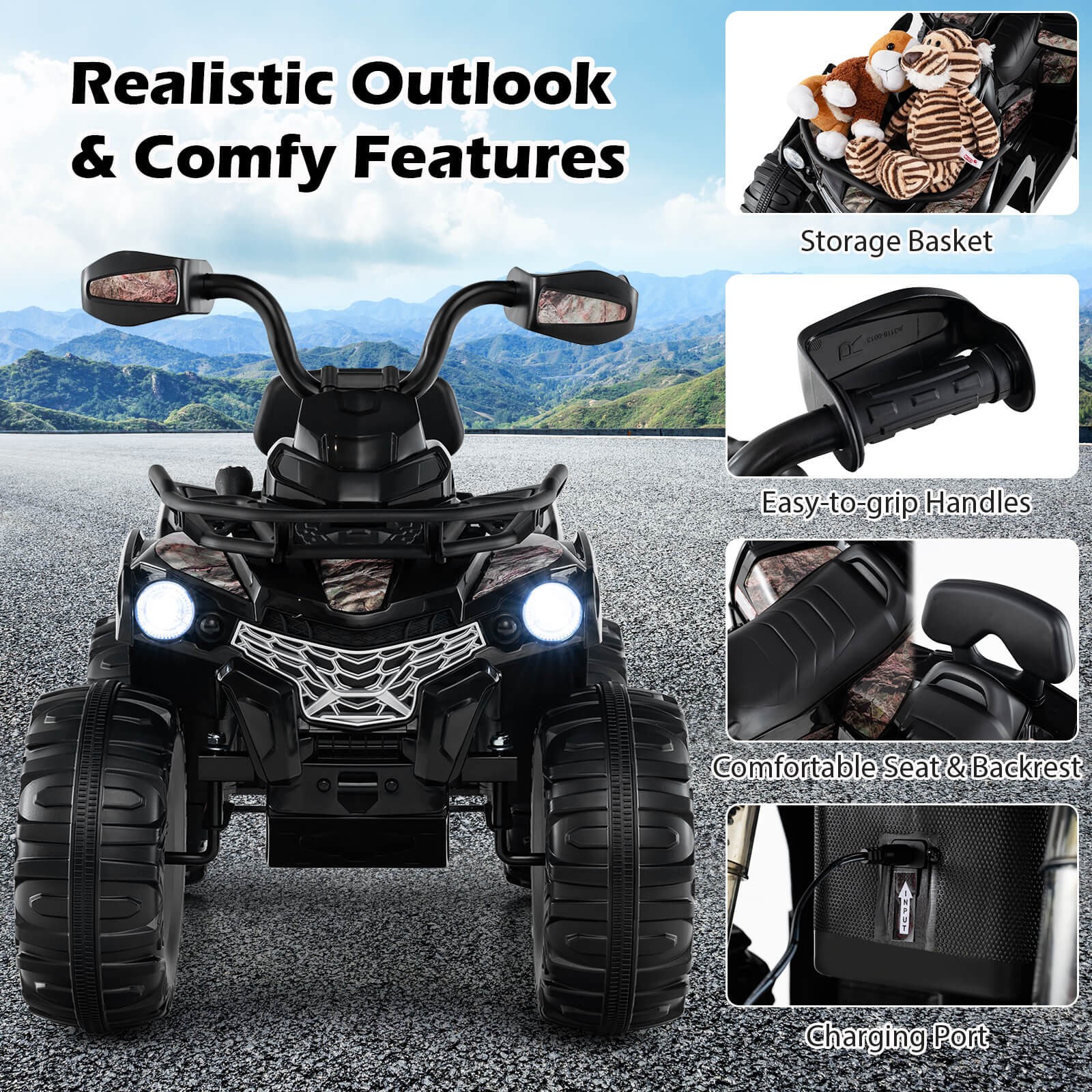 12V Kids Ride ATV Electric 4-Wheeler Quad w/ Music & Headlights