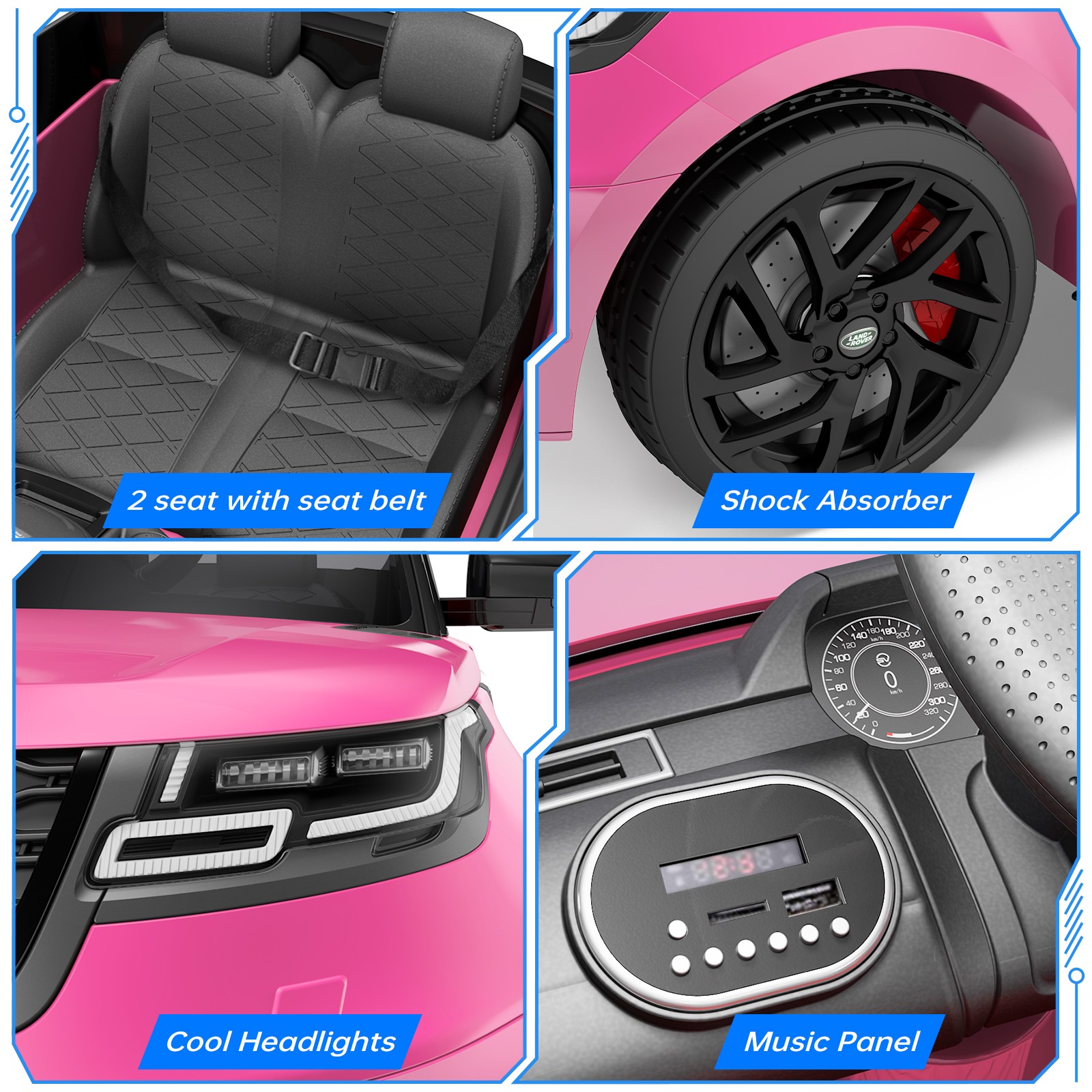 12V Land Rover Licensed Ride-On Car for Kids w/ Remote, LED Lights & Music, Pink