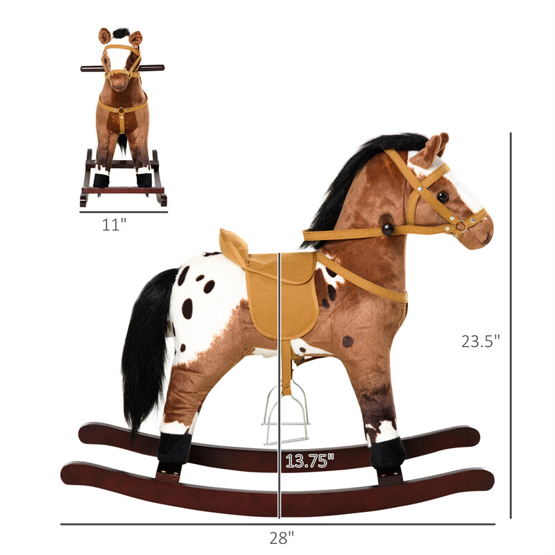Kids Metal Plush Ride-On Rocking Horse Chair Toy w/ Sounds – Dark Brown/White