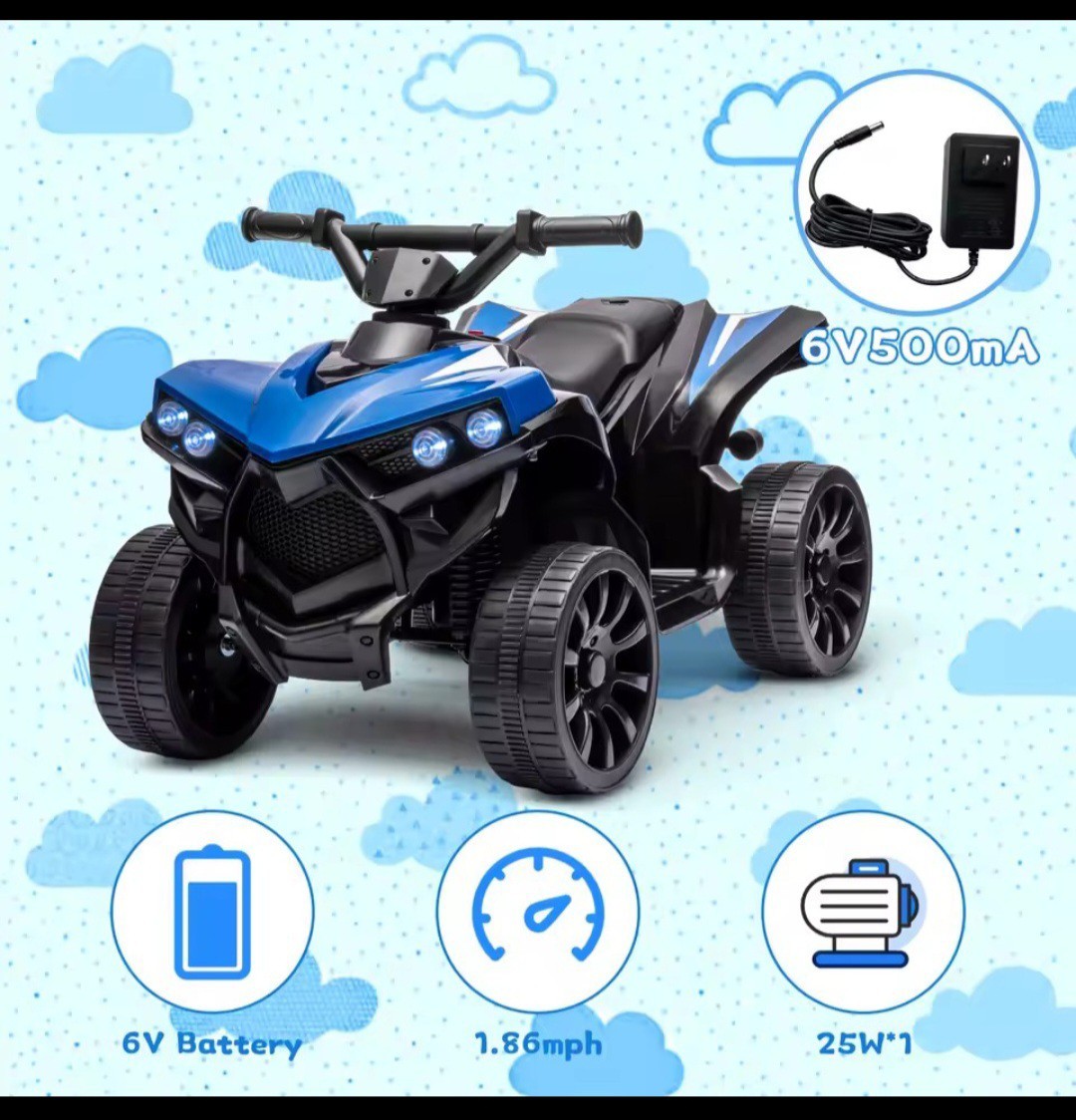 Kids 6V Battery Powered Ride-On Quad Car Toy for Ages 3+ Years