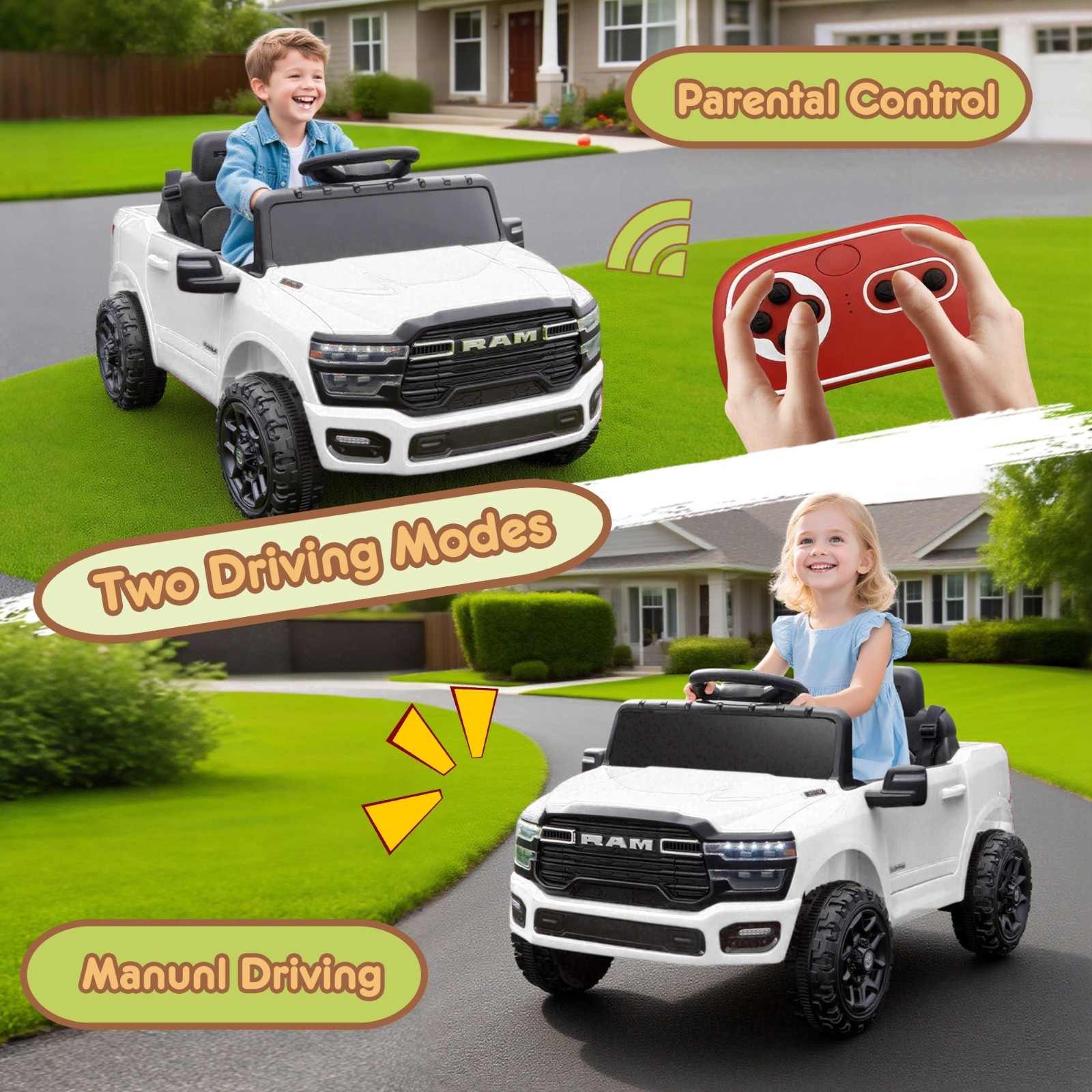 12V Kids Ride on Car Electric Toy,Toddler Licensed RAM 3500 Truck w/Remote,White