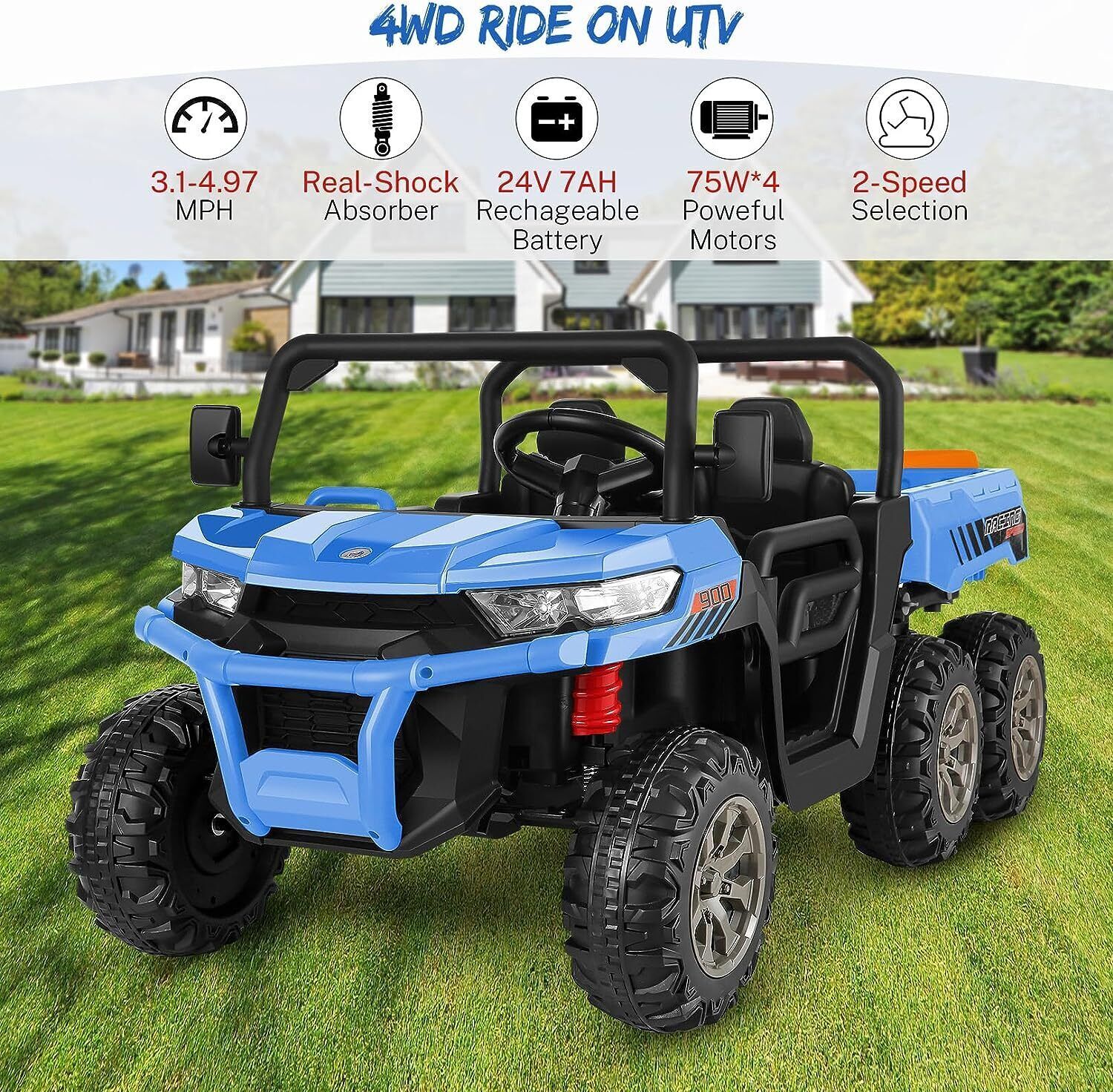24V Kids Electric Car 4WD 2 Seater Ride On Truck with Electric Dump Bed 6 Wheels