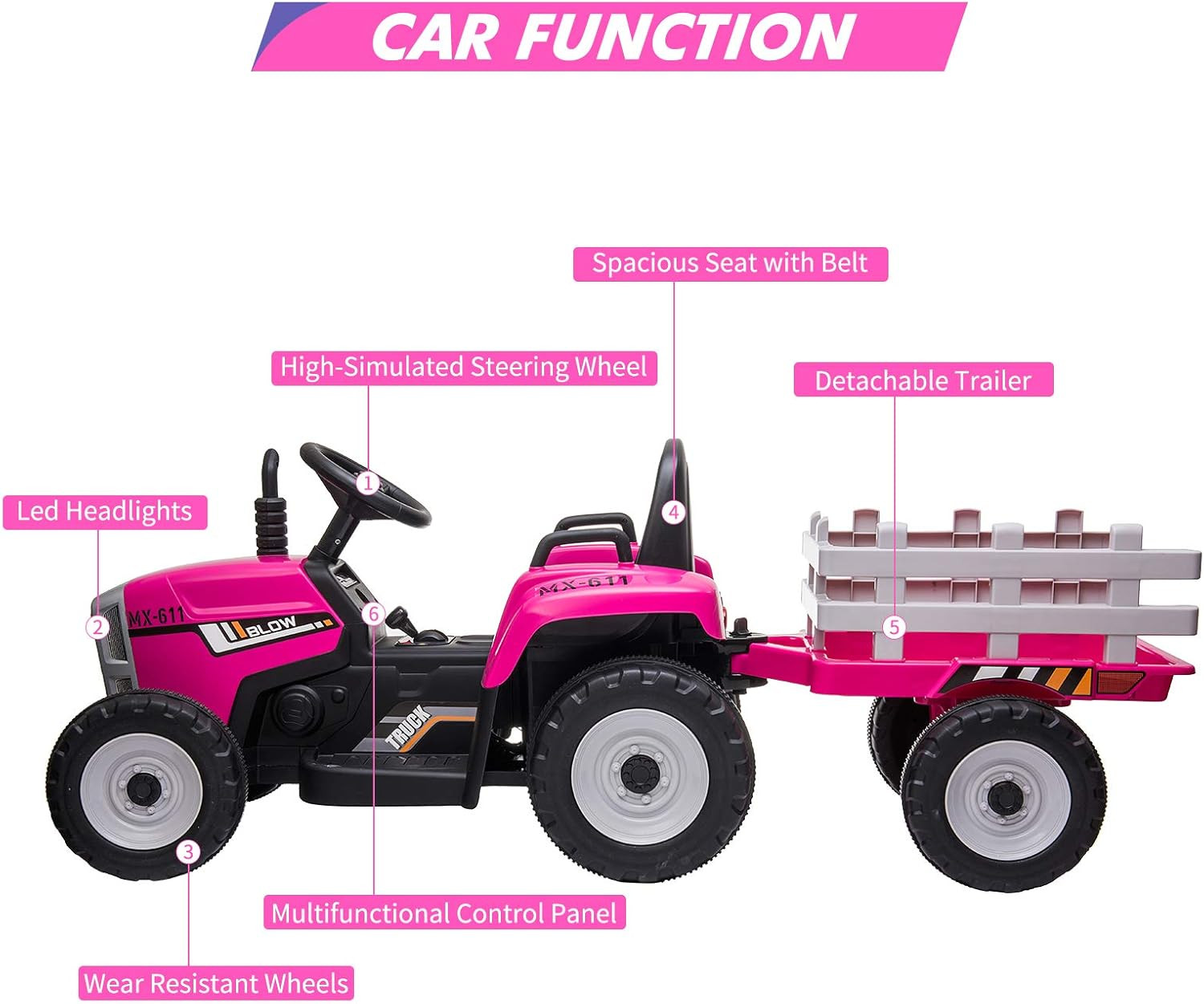 12V Kids Battery Powered Electric Tractor with Trailer, Toddler Ride on Car with