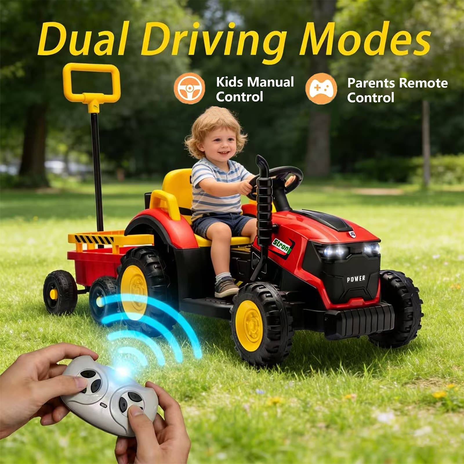 Kids Electric Farm Tractor Ride On Car 12V with Trailer Lights Music Age 3-6