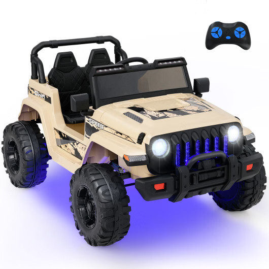 12V Kids Ride-On Jeep Car w/ 2.4G Remote Control & LED Lights – Khaki