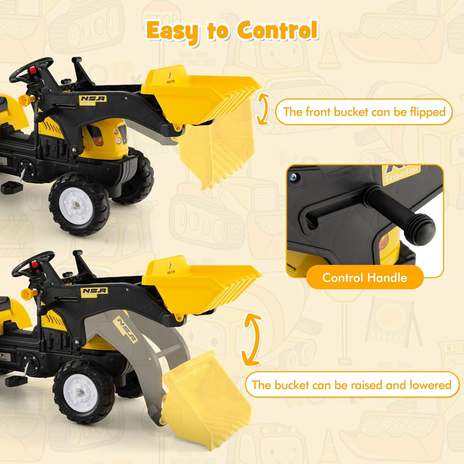 Kids Ride on Excavator, Pedal Digger Car Bulldozer with Manual Control Bucket, D