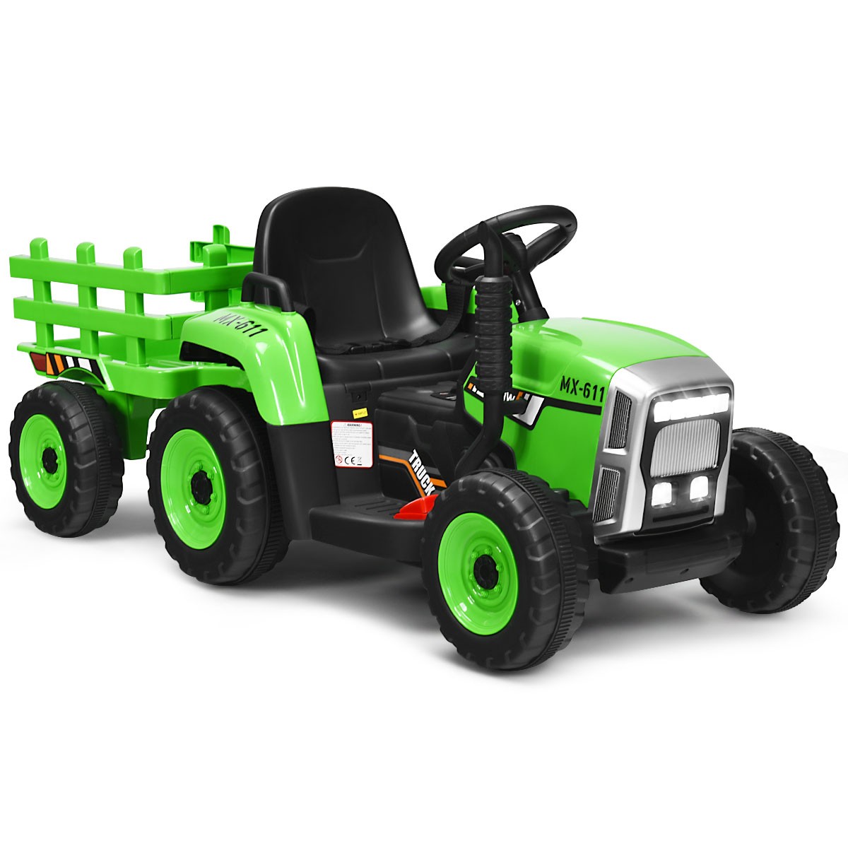 Honeyjoy 12V Kids Ride On Tractor with Trailer Ground Loader w/RC & Lights Green