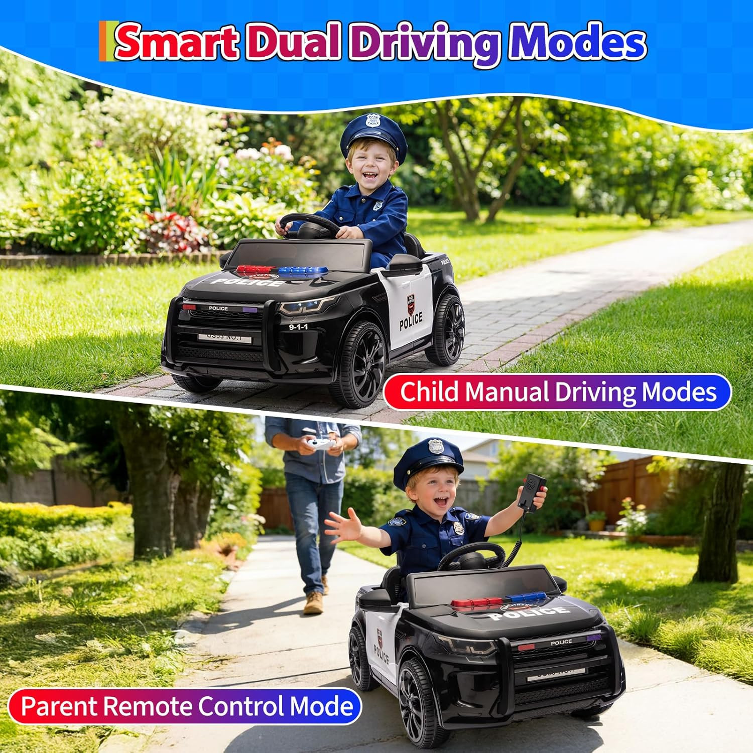 Electric Cars for Kids, 12V Police Car Ride on Toy W/Remote Control, Speaker, Wa