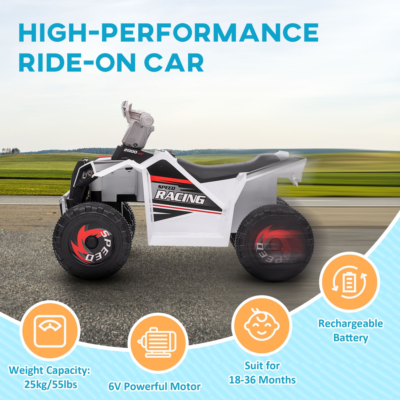 Kids ATV Quad Car, 6V Four-Wheeler w/ Forward Backward, White