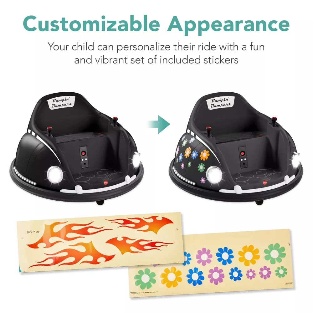 6V Kids Ride On Bumper Car Toy w/ Remote Control, Harness, Lights, 360*Spin, Blk