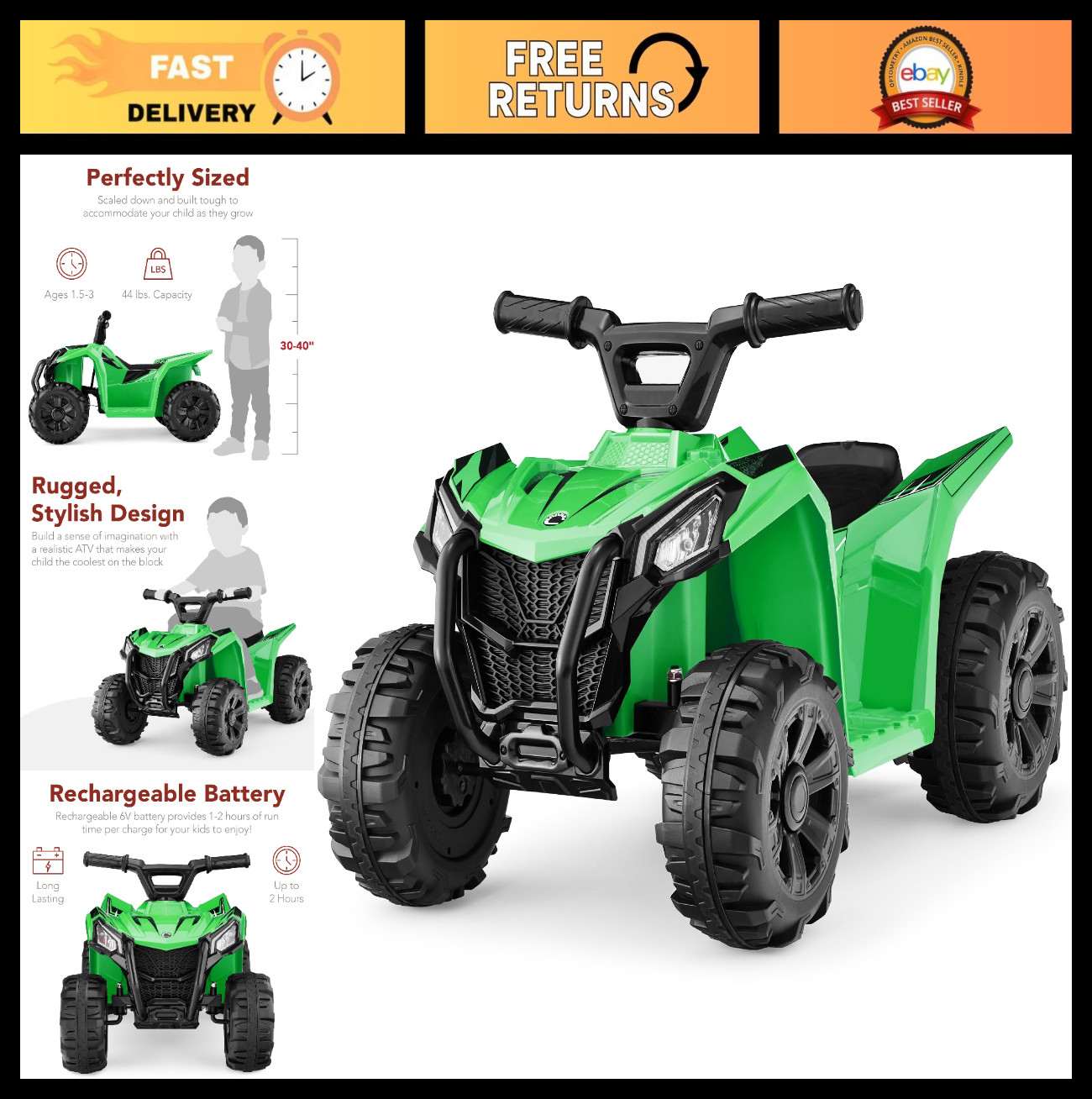 Kids 6V Ride-On ATV Quad 4-Wheeler Toy Car, 1.8MPH, Treaded Tires, Rubber Handle